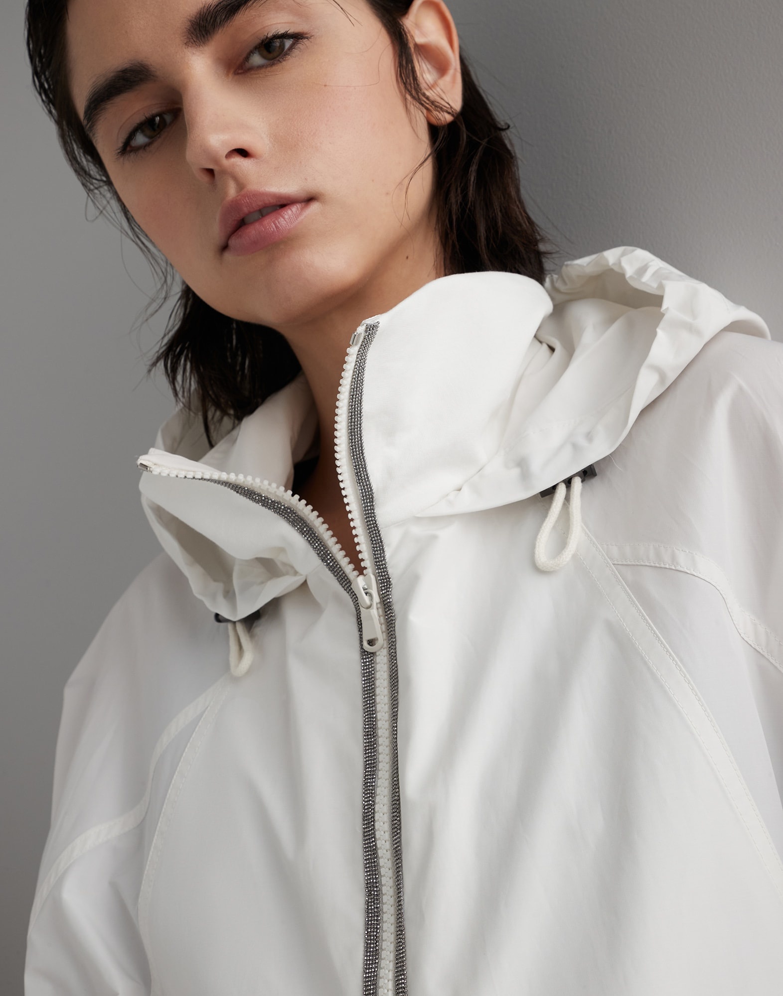 Panelled hooded outerwear jacket in taffeta and French terry with shiny trims - 3