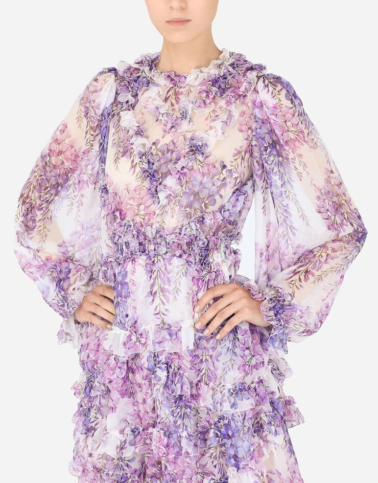 Short wisteria-print chiffon dress with ruches - 4