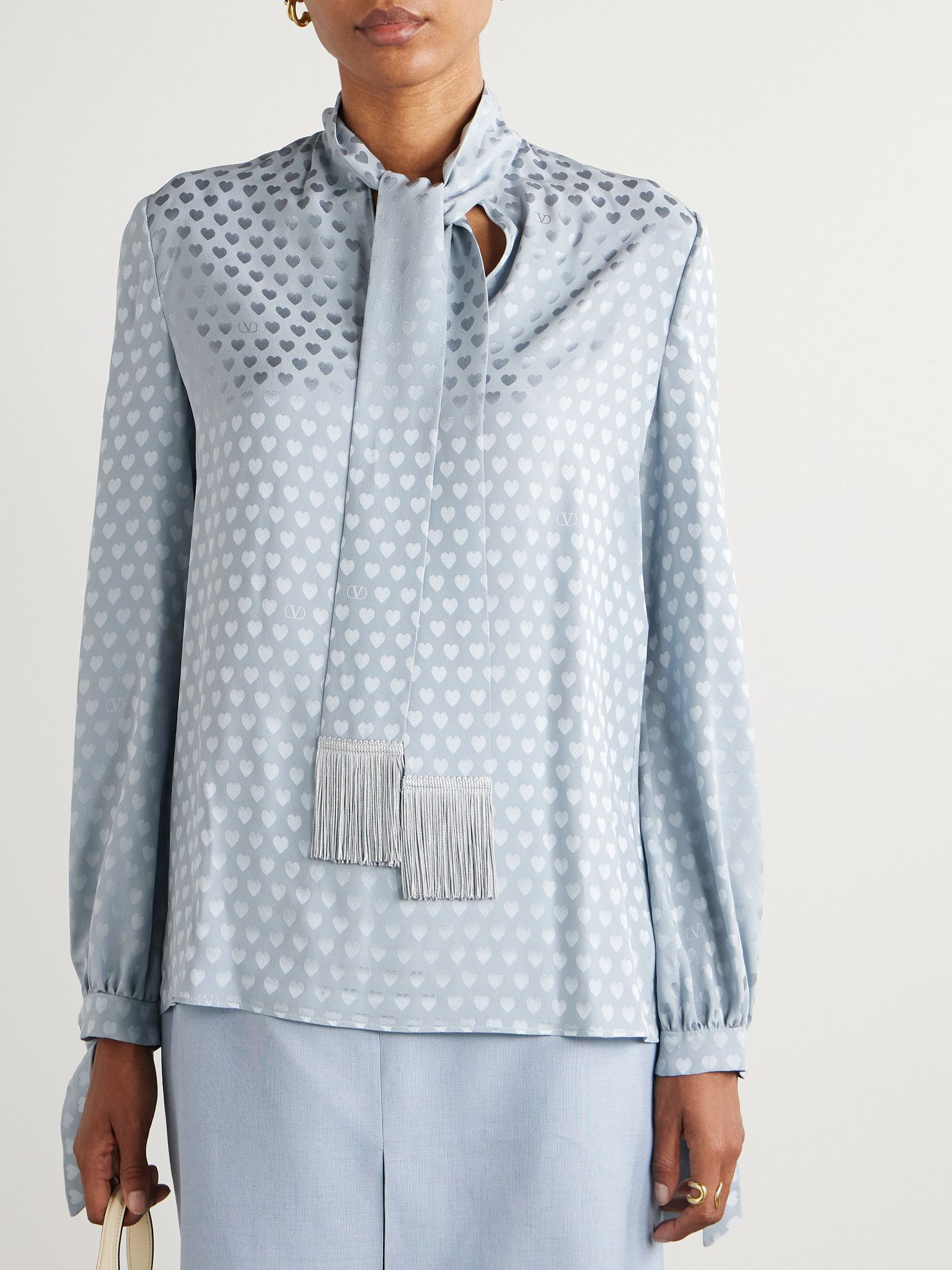 Fringed tie-neck silk-jacquard blouse Blue - 3