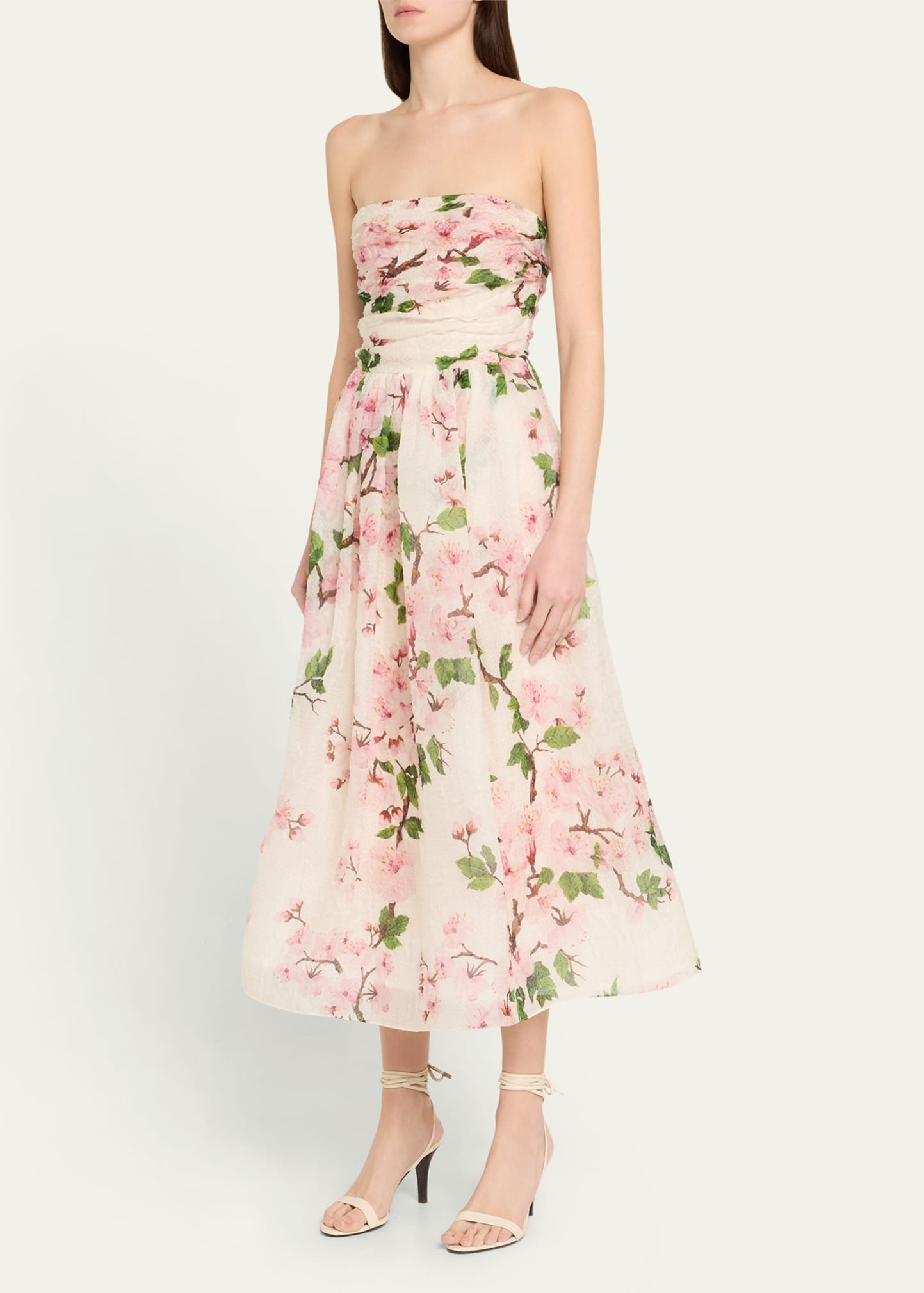 Strapless Cherry Blossom Draped Organza Dress - 4