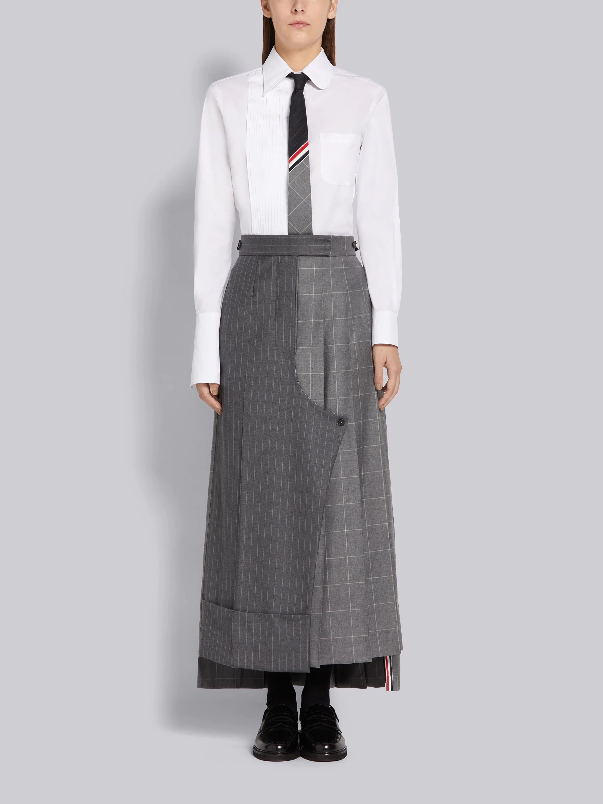 Medium Grey Pinstripe and Windowpane Wool Suiting Pleated Sack Skirt - 4