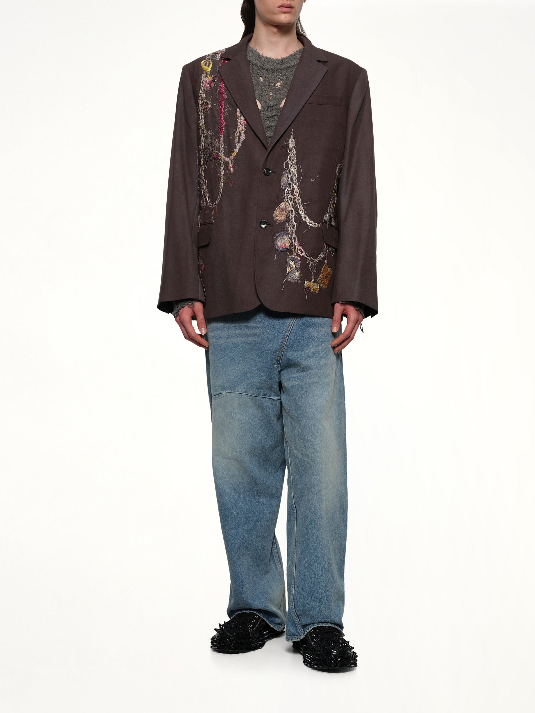 Embroidered Chain Tailored Jacket in Charcoal - 4