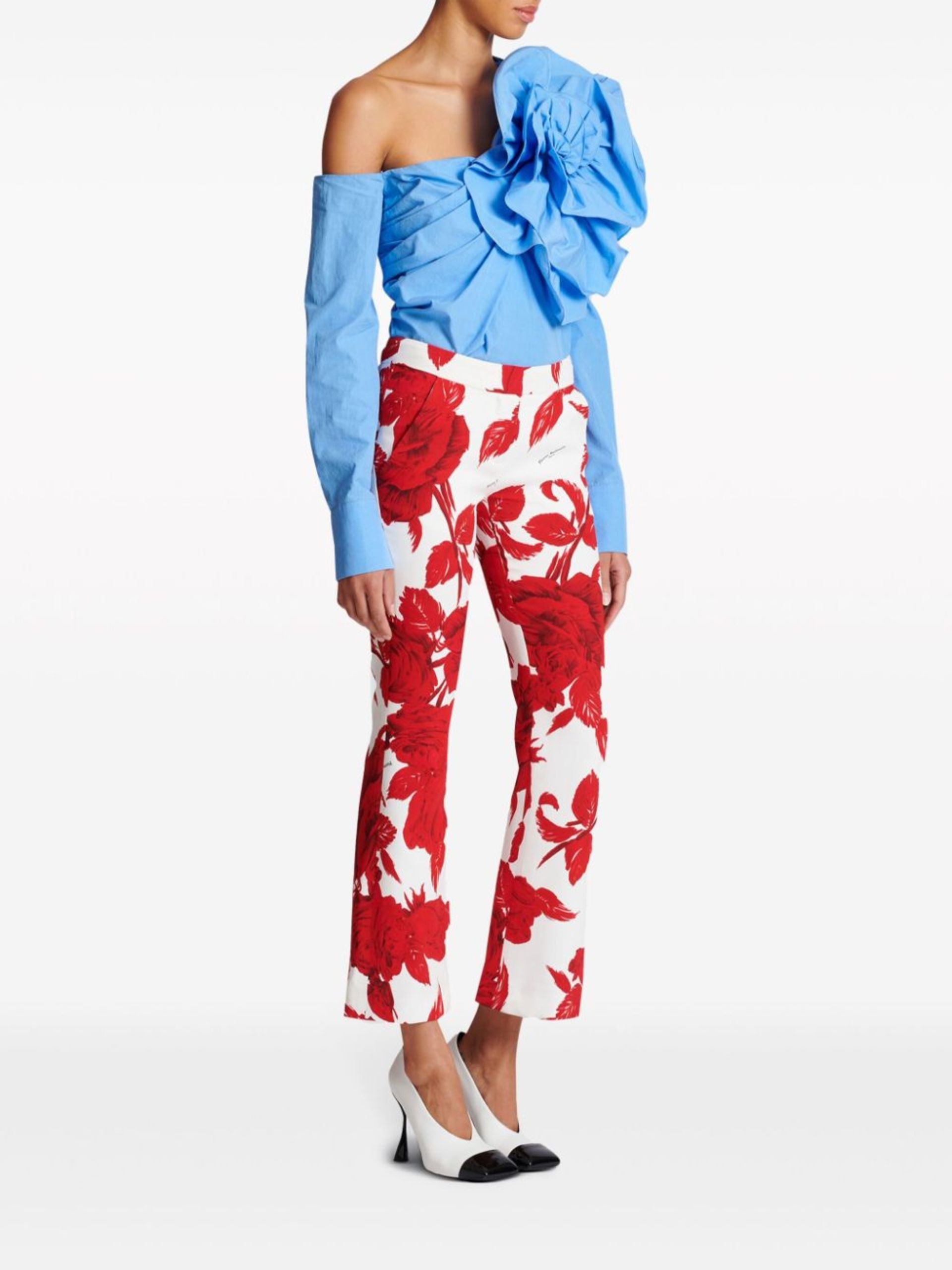 Red Floral-Print Flared Trousers - 3