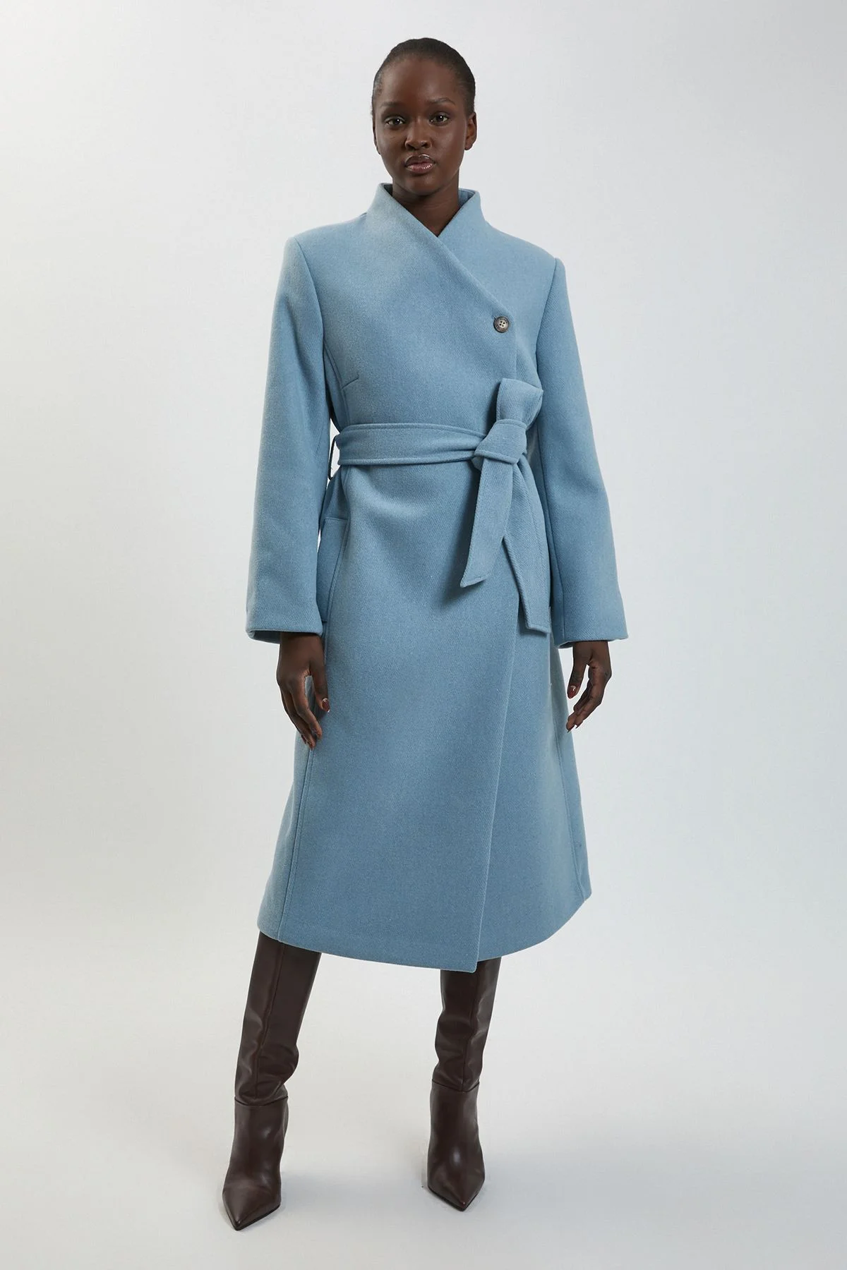 Wool Wrap Neck Tailored Belted Midi Coat - 1