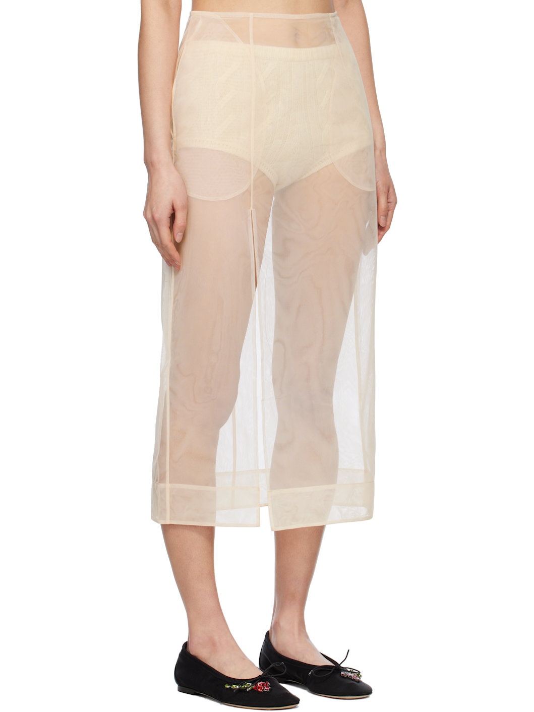 Beige Sheer Slit Pencil Midi Skirt - 2