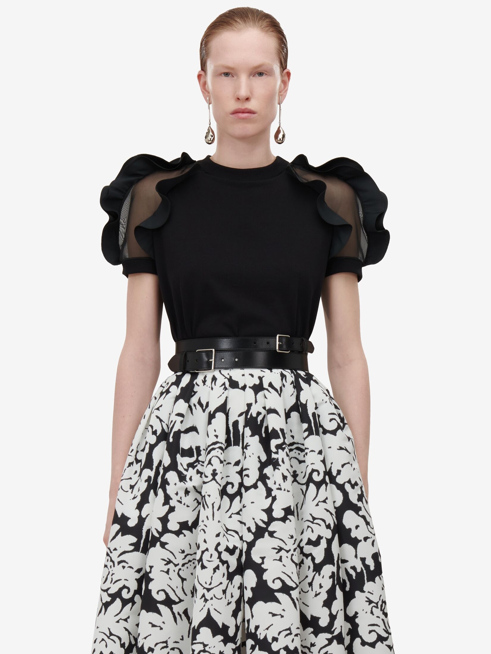 Women's Ruffle Detail T-shirt in Black - 6