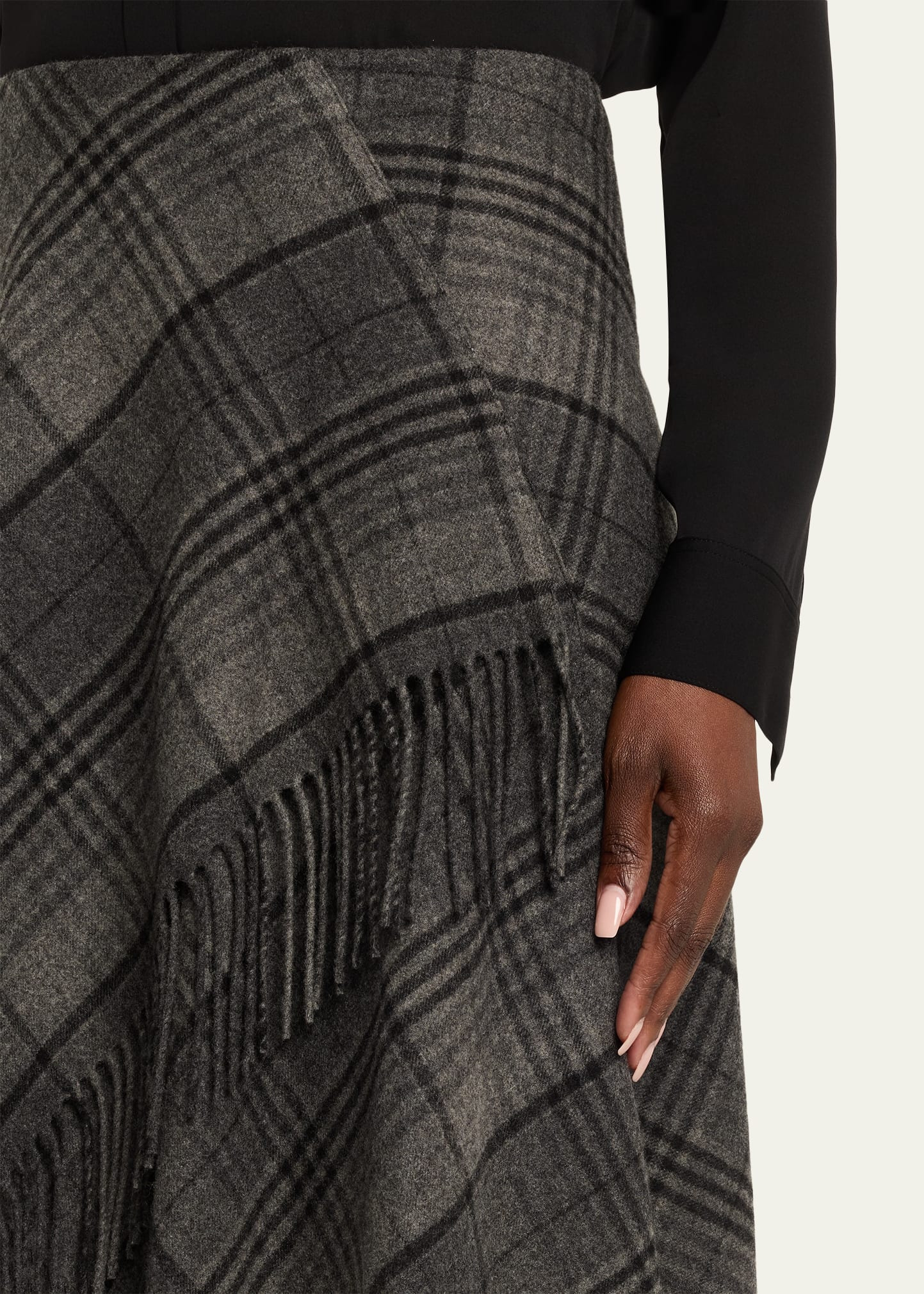 Fringed Plaid Wrap Midi Skirt - 5