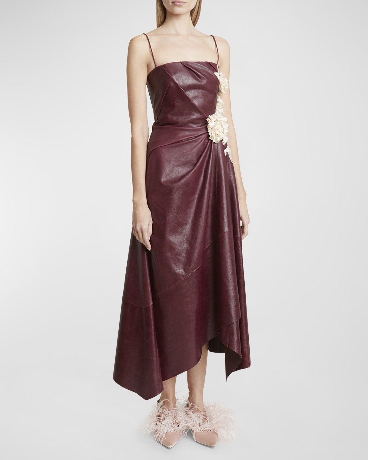 Leather Asymmetric Draped Floral Applique Dress - 3