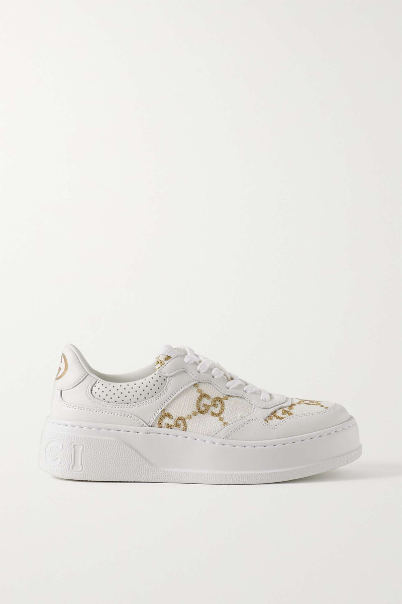 Leather and metallic embroidered canvas platform sneakers - 1