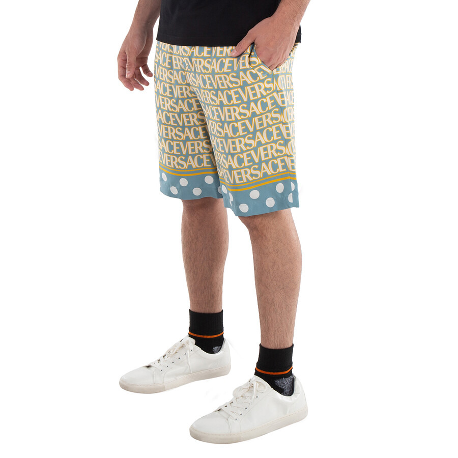 Versace Men's Light Blue/Ivory All-Over Logo Print Shorts - 4
