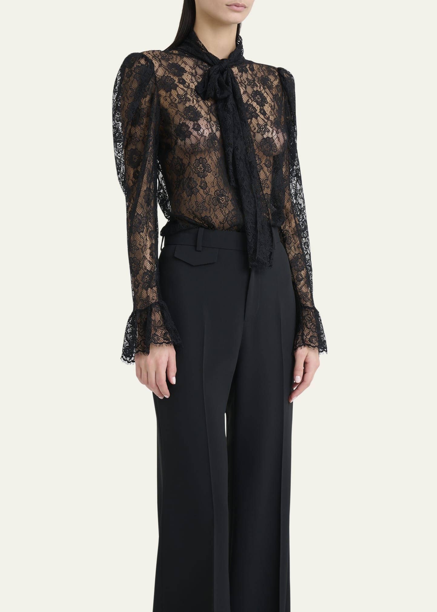 Tie-Neck Lace Button-Down Blouse - 4