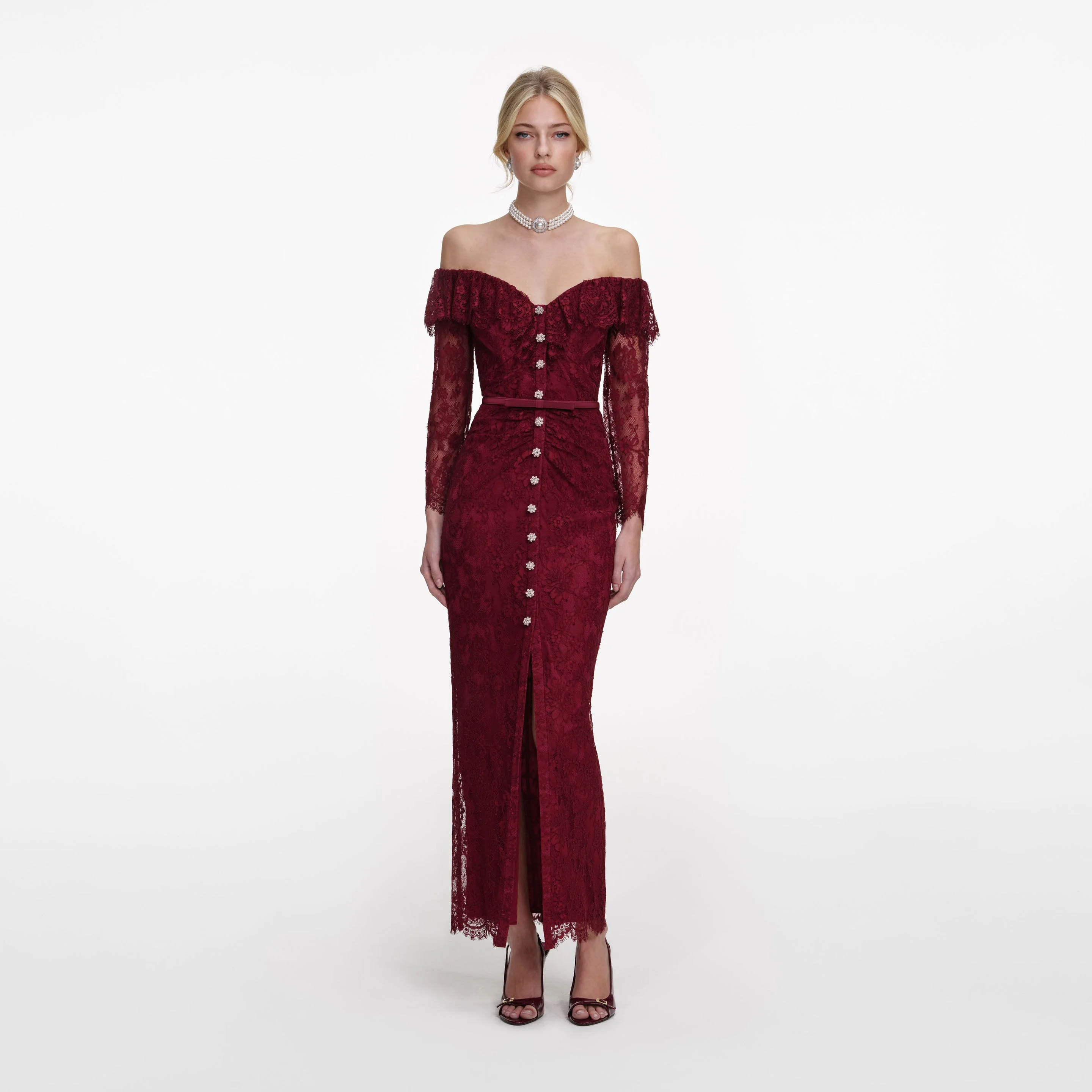 Burgundy Off Shoulder Gathered Lace Maxi Dress - 1
