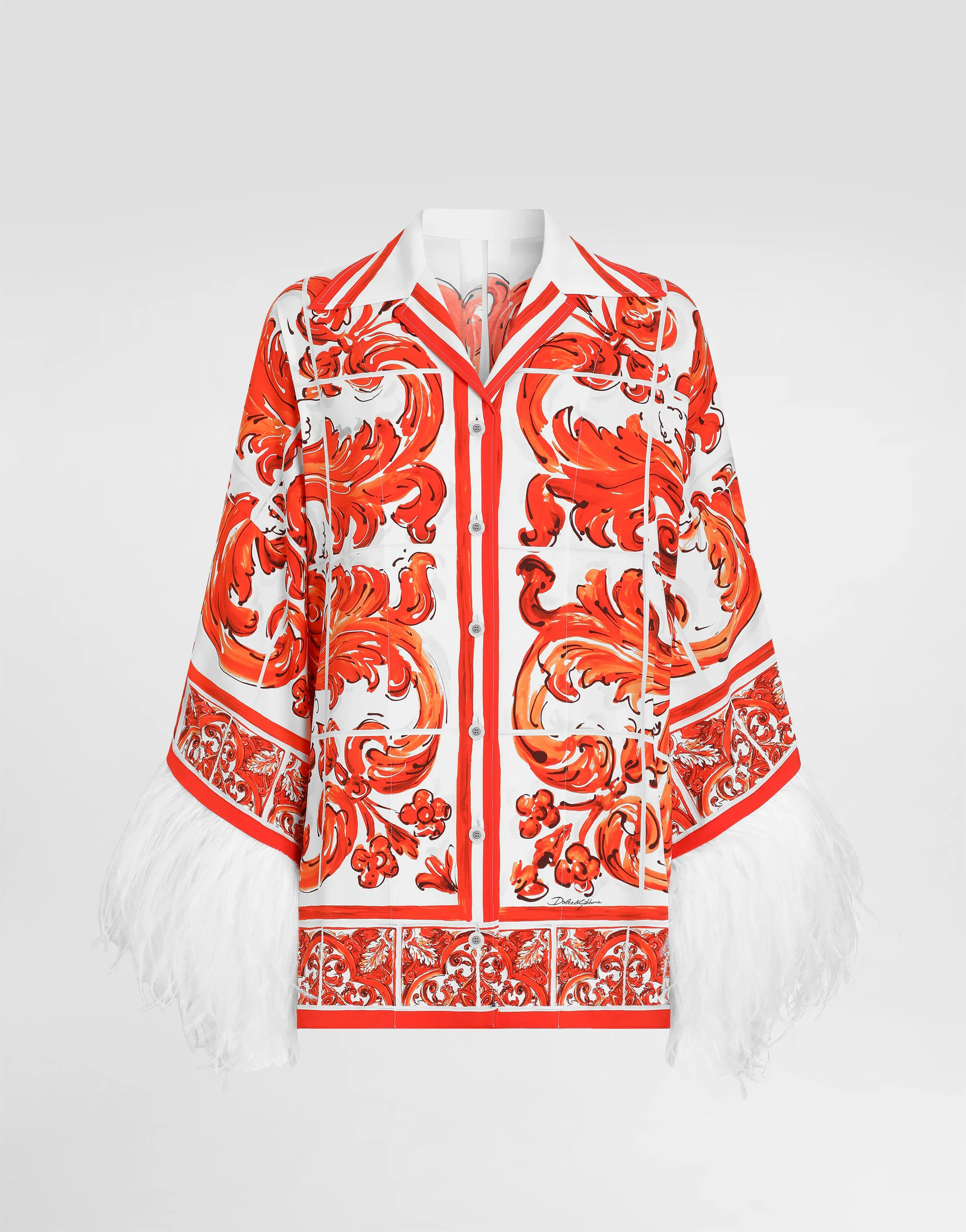 Majolica-print charmeuse shirt with feather trim - 1
