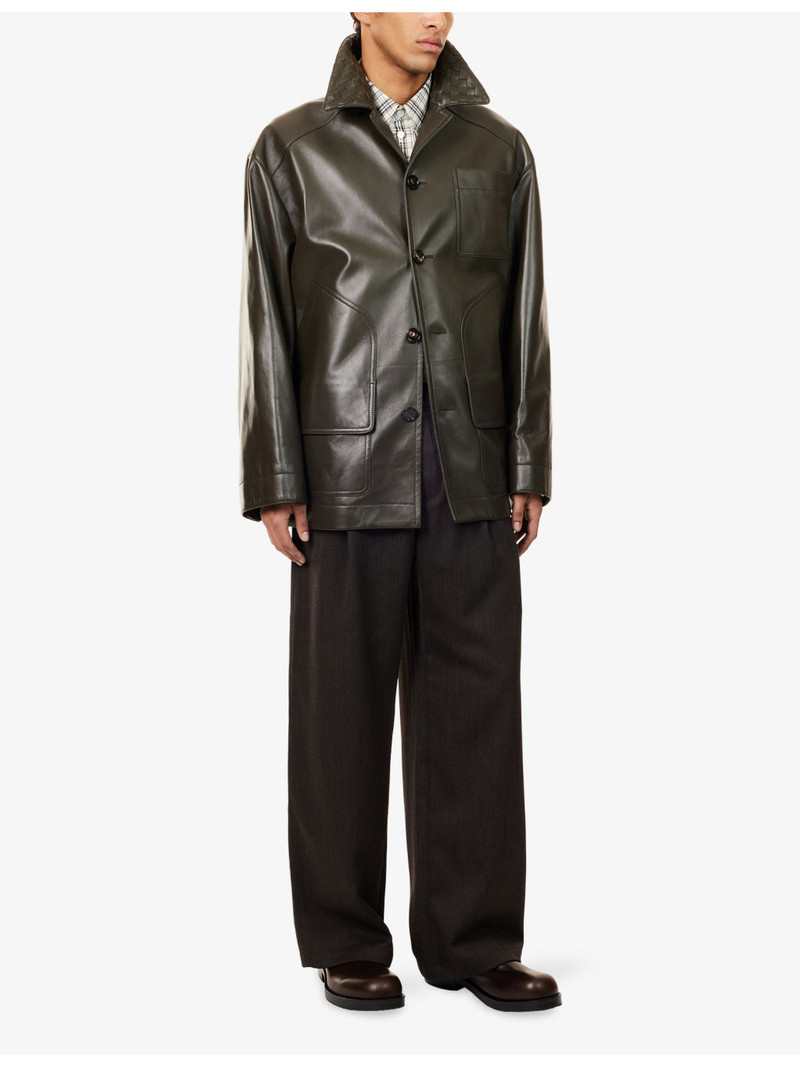Bottega Veneta Woven-Collar Patch-Pocket Leather Jacket outlook
