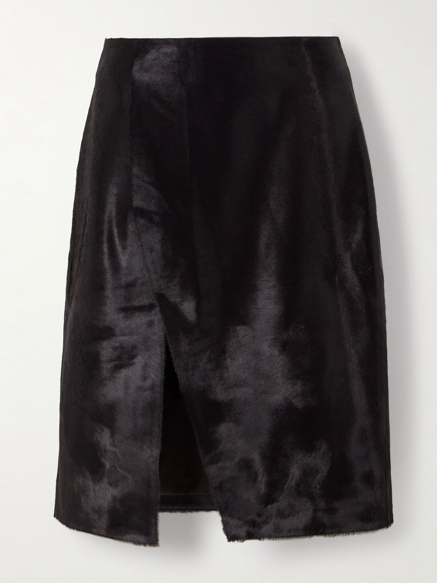 Myra wrap-effect calf hair midi skirt Dark brown - 1