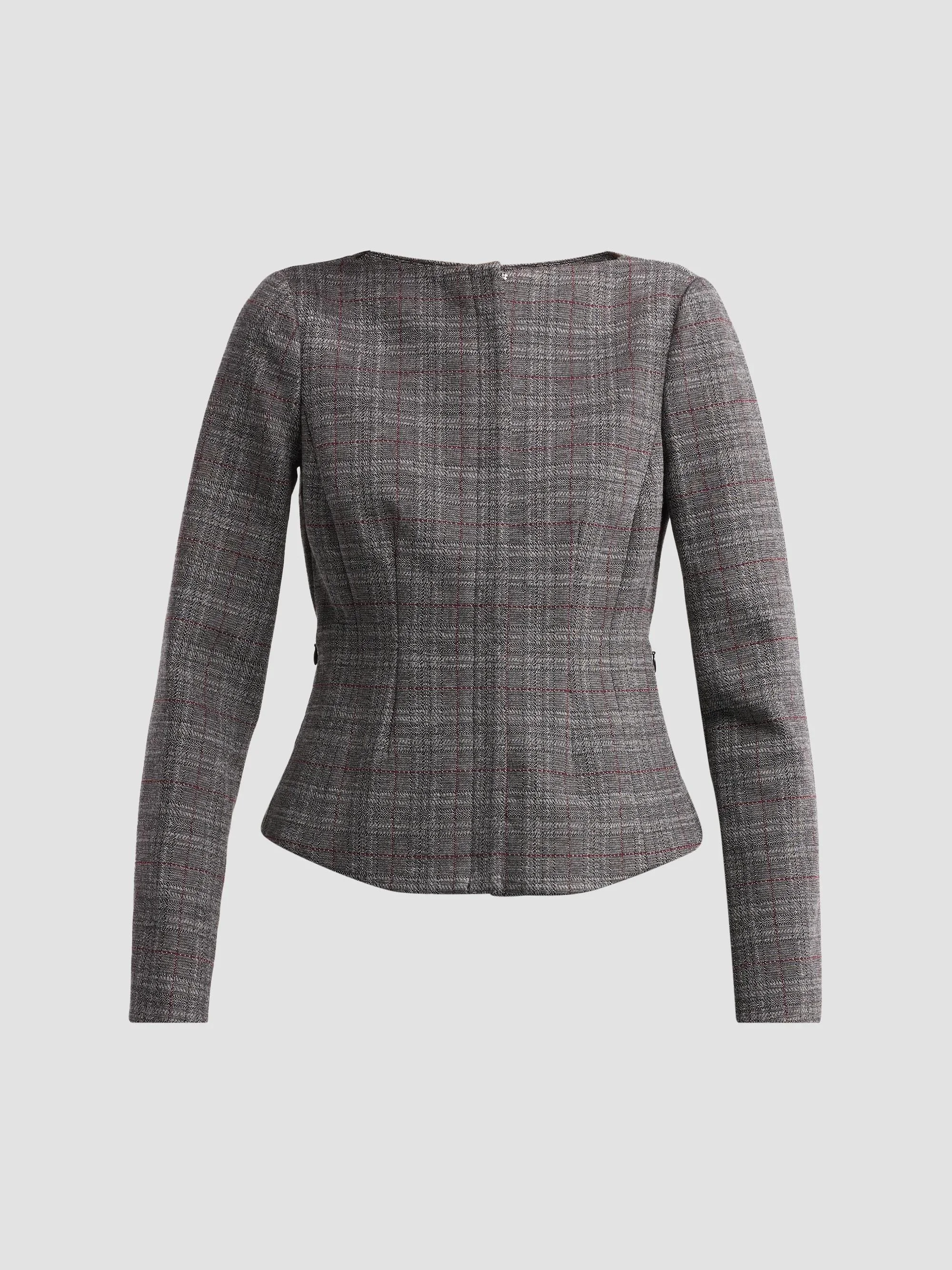 Women's Plaid Tweed Jacket - Wine Multi - 1
