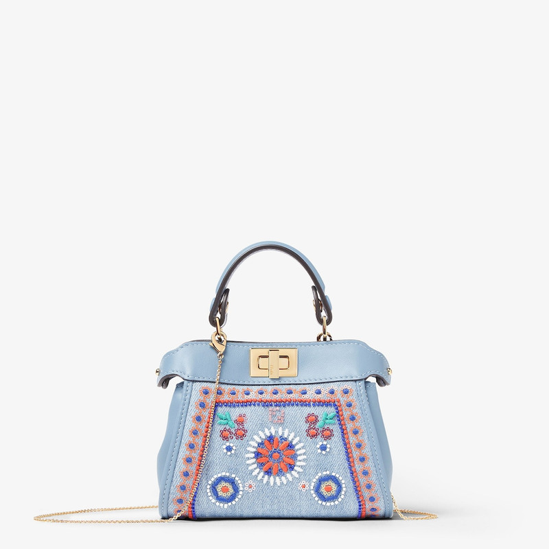 Nano Peekaboo Light blue denim miniature bag with multicolor embroidery 1
