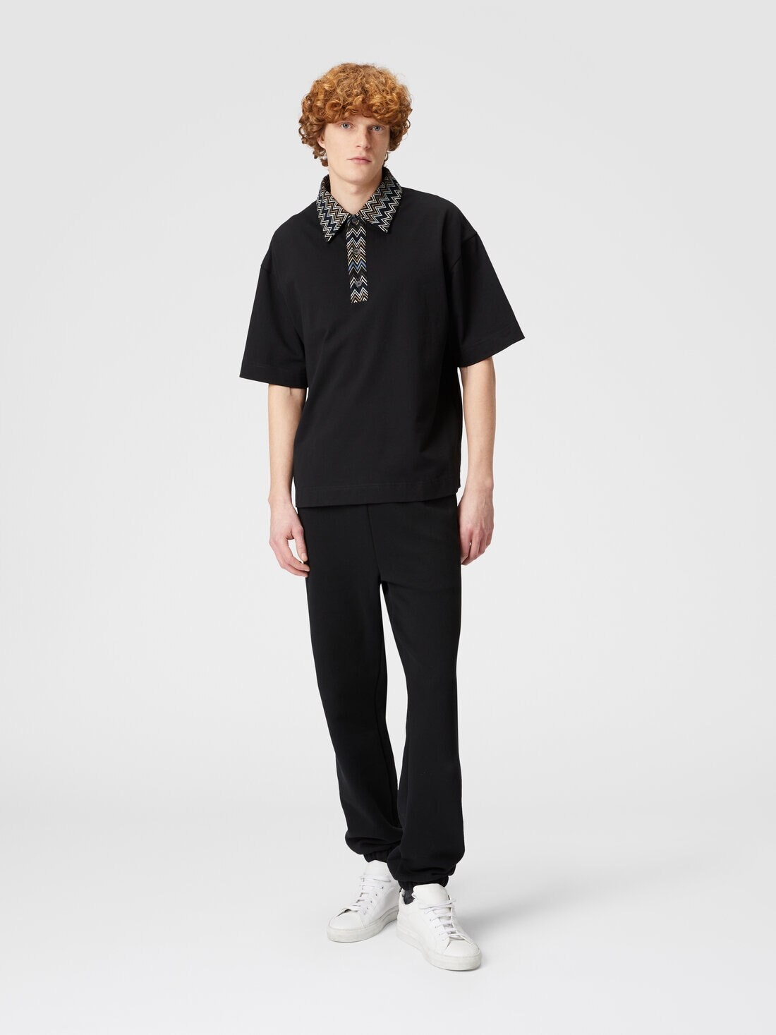 Cotton jersey polo shirt with chevron knit inserts - 2