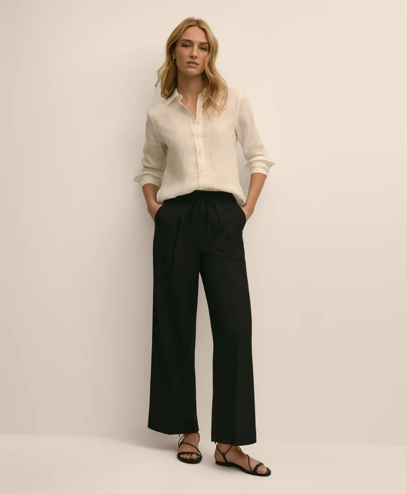 Linen-Cotton Blend Tie-Waist Wide-Leg Pants - 1