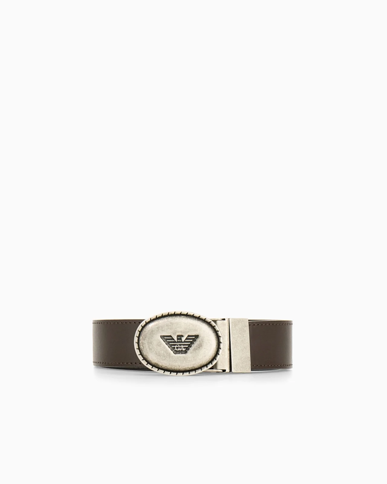 SUEDE AND GRAINED LEATHER BELT WITH OVAL LOGO PLAQUE - 1