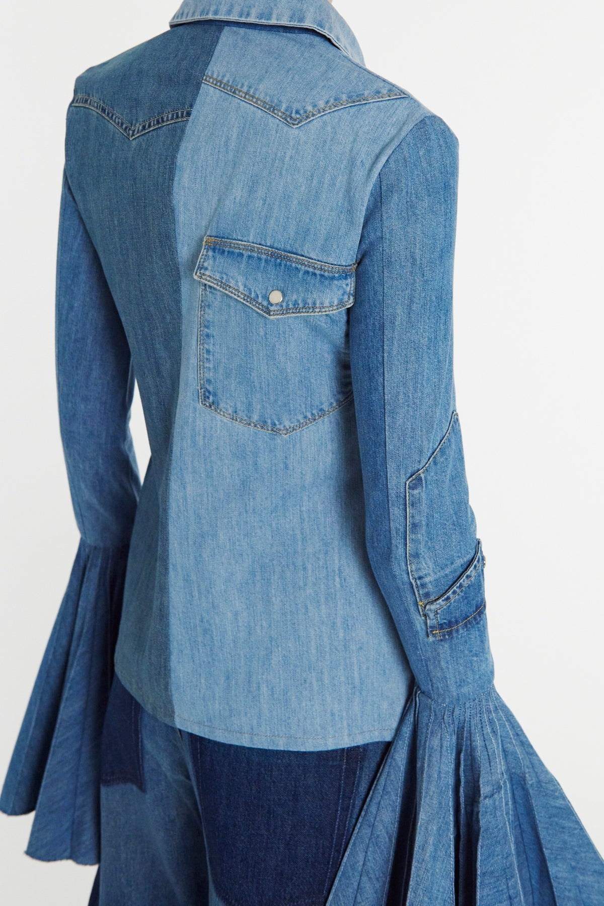 RECYCLED DENIM SHIRT WITH PLEATED BELL SLEEVES BLUE - 11