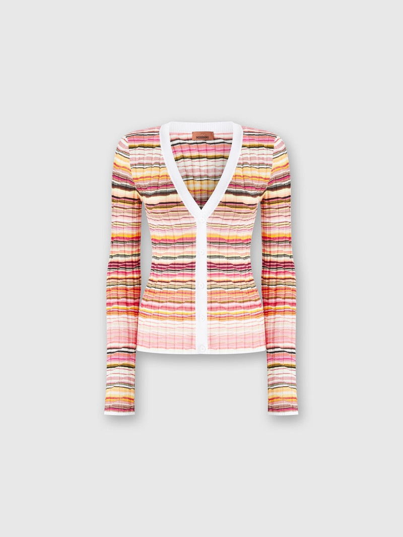 Striped cotton and viscose ribbed cardigan with contrasting trim 1