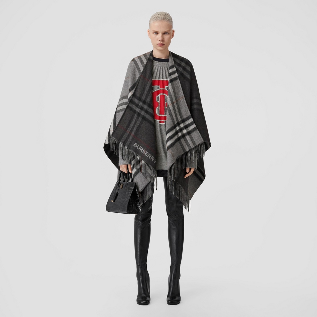 Contrast Check Wool Cashmere Jacquard Cape - 2