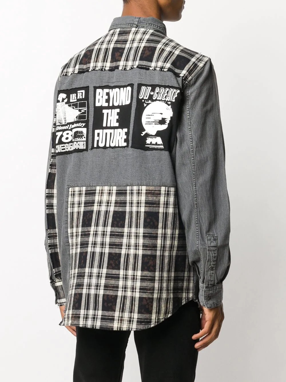 contrast check denim shirt - 4