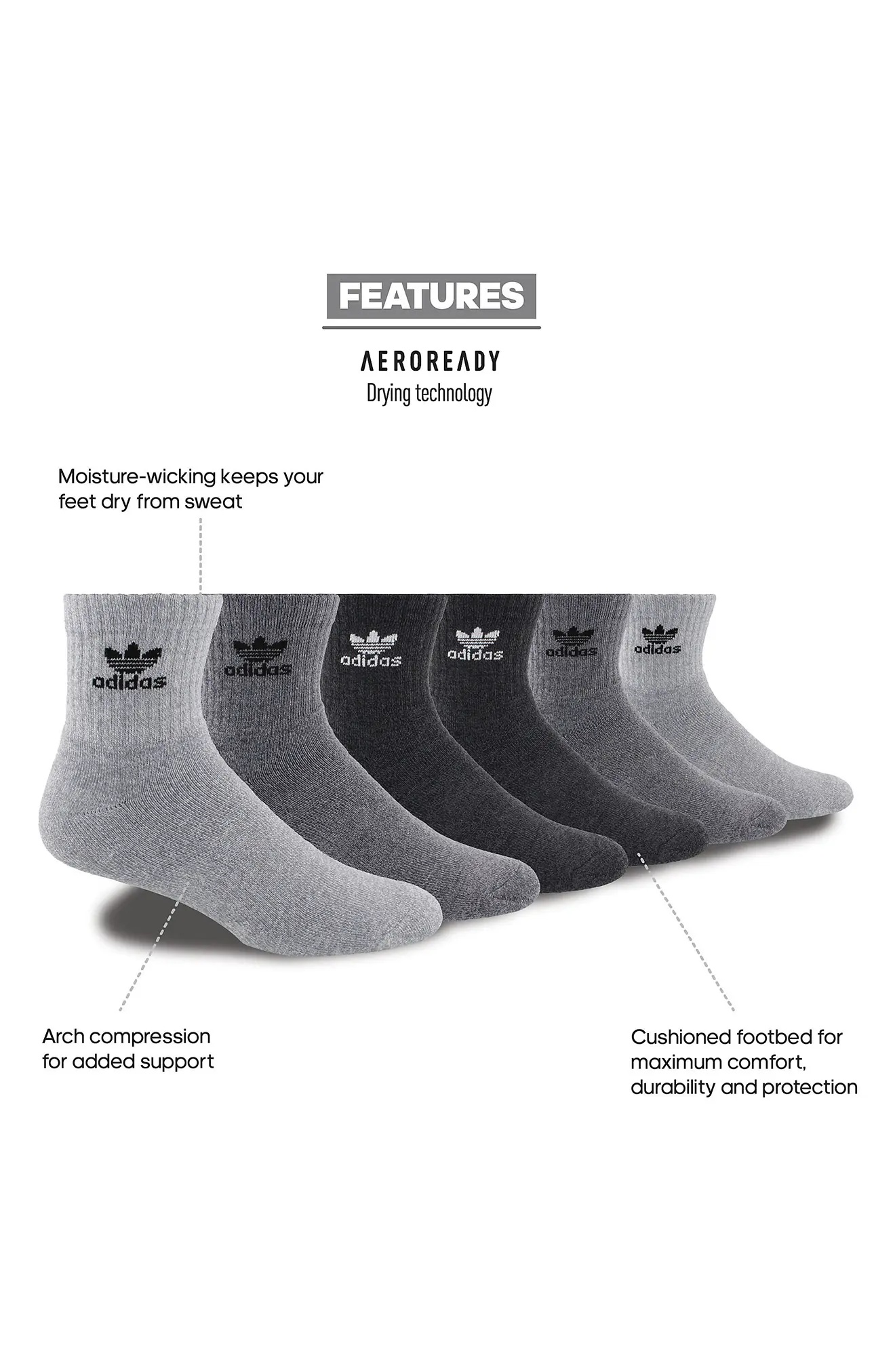 Gender Inclusive Originals Trefoil 6-Pack Ankle Socks in Grey/Black - 9