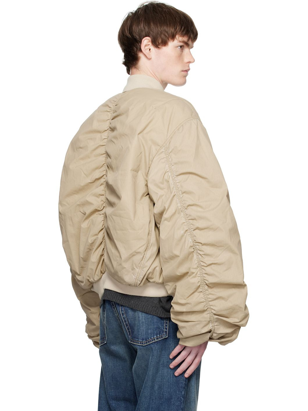 Beige Washed Nylon Bomber Jacket - 3