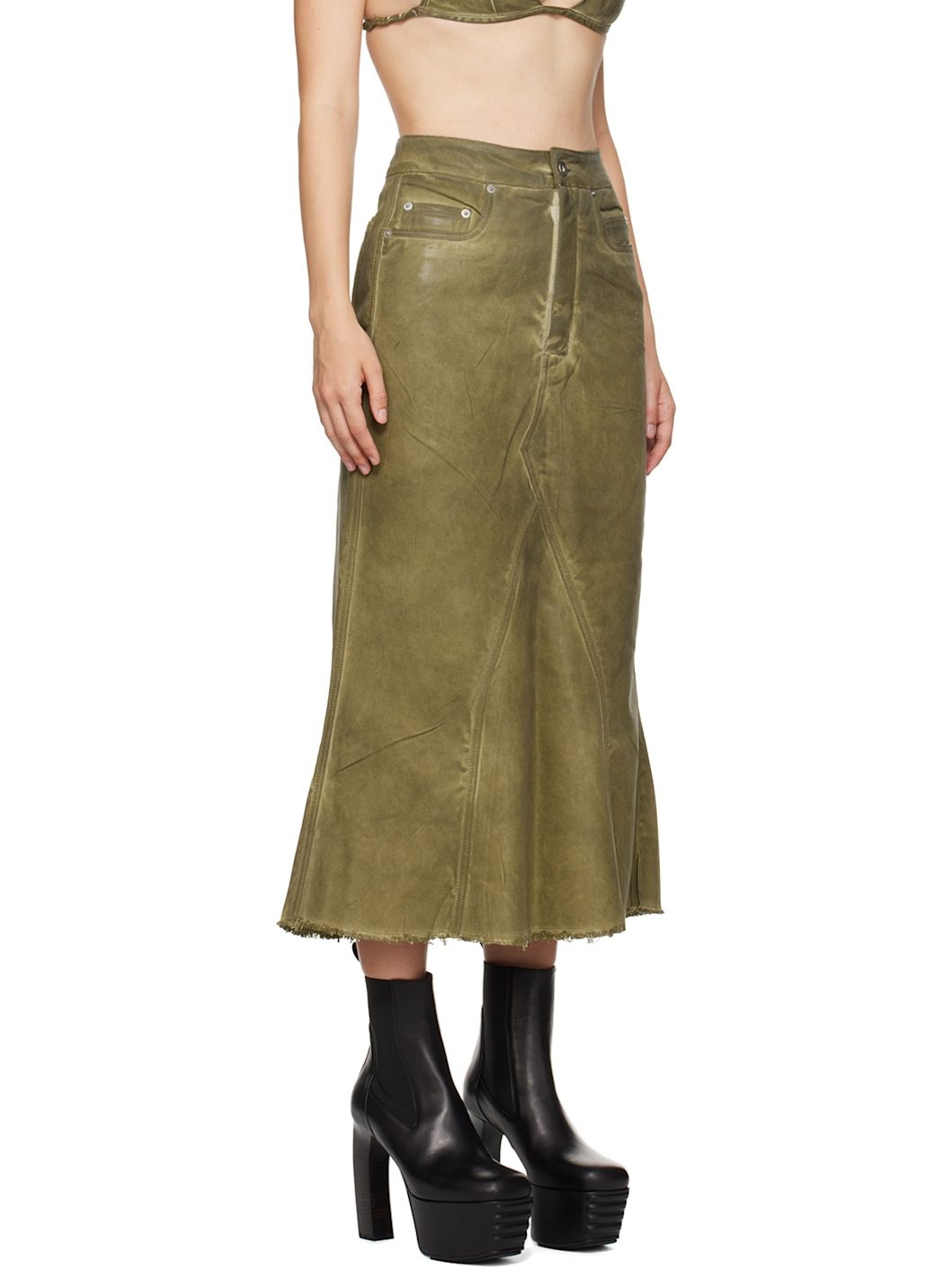 Khaki Godet Denim Midi Skirt - 2