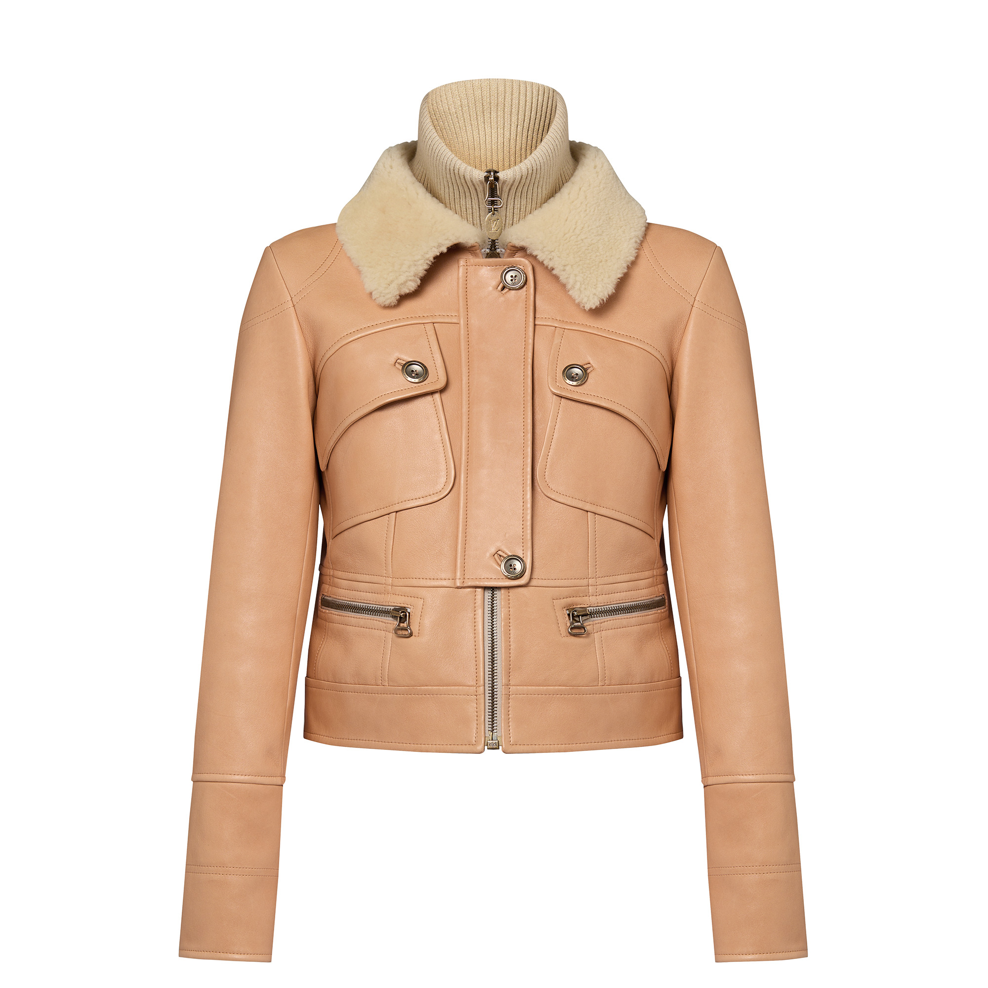 Shearling Collar Leather Jacket - 1