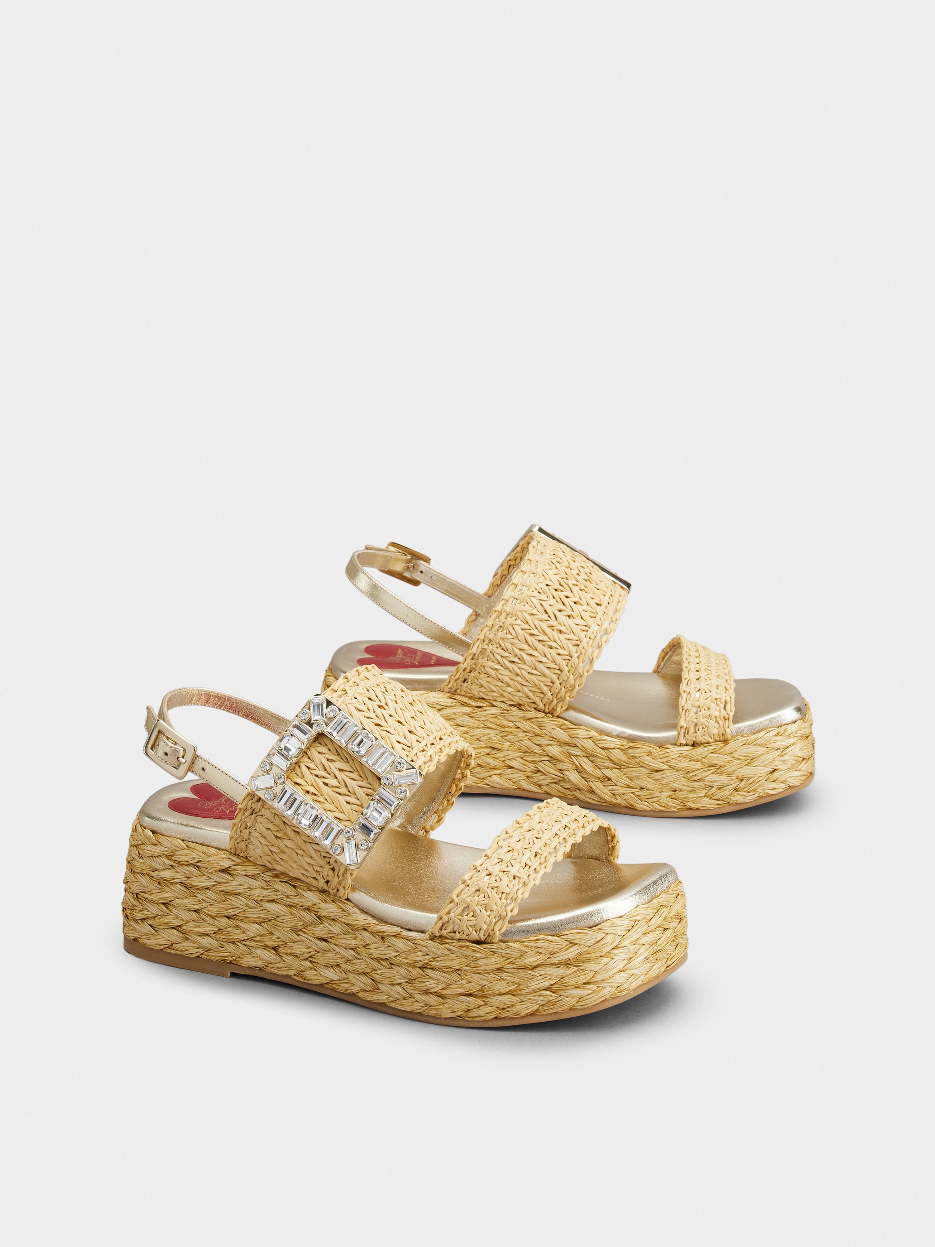 Strass Buckle Wedge Sandals in Raffia - 2