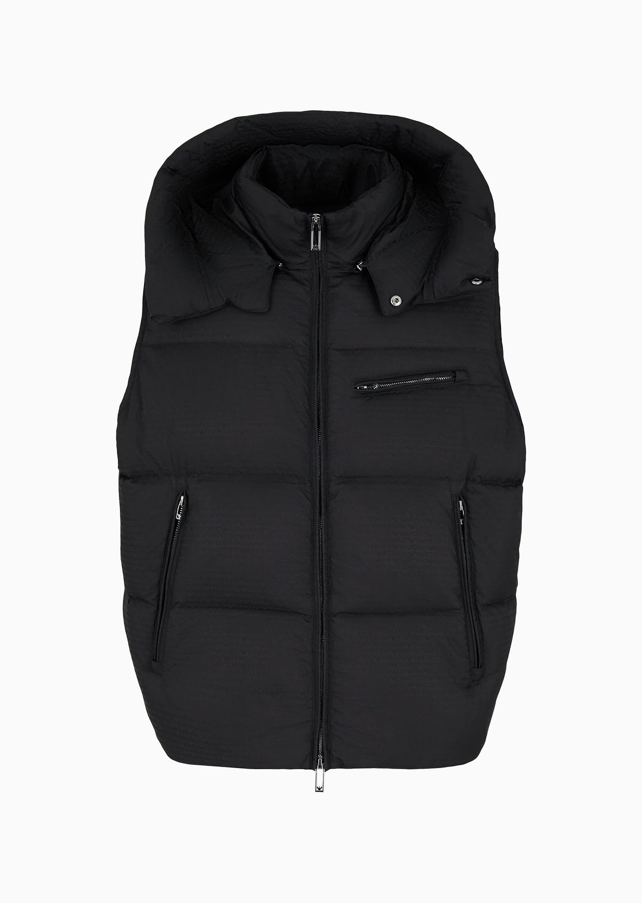 Zipped, hooded sleeveless down jacket in jacquard nylon with all-over logo lettering - 1