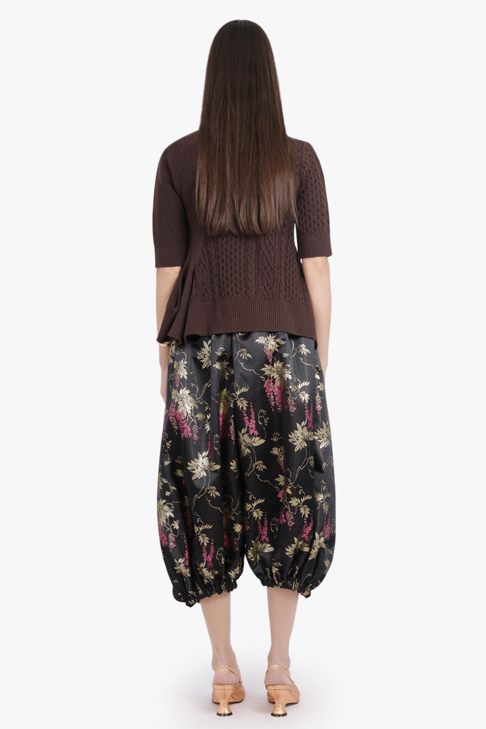 3/4 SLEEVE CHAIN KNIT WITH ASYMMETRIC HEM DETAIL | BROWN - 5