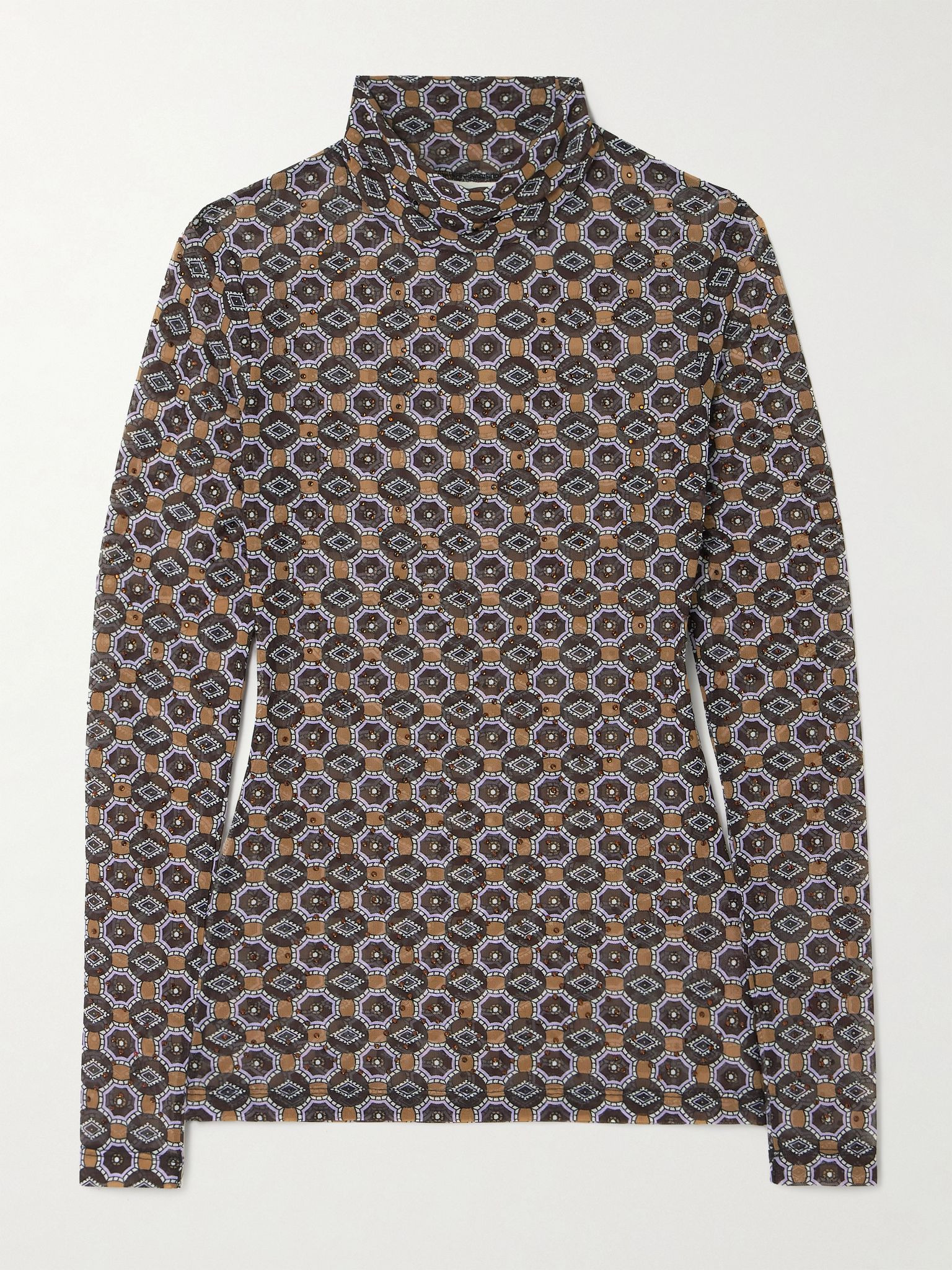 Crystal-embellished printed stretch-mesh turtleneck top Brown - 1