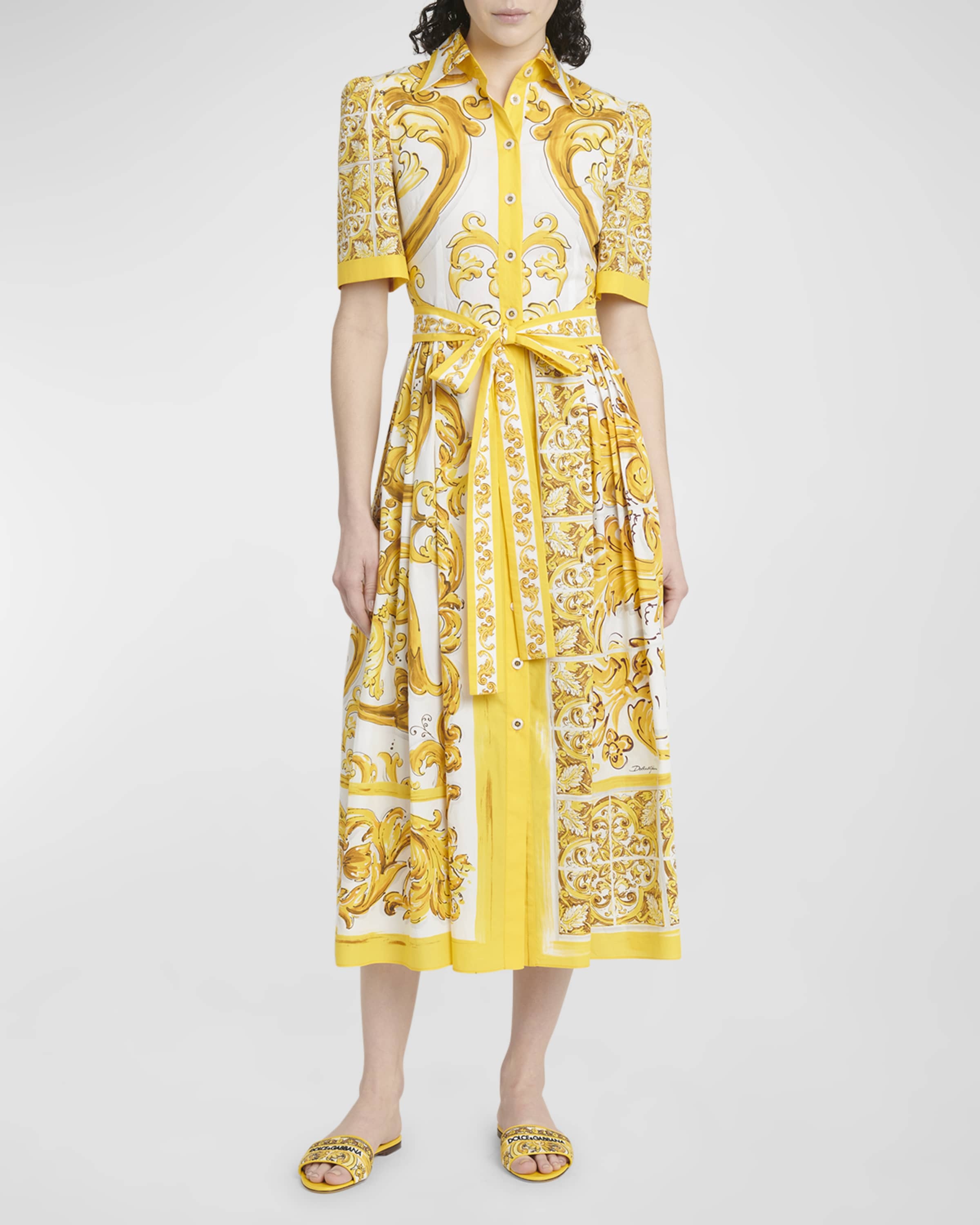 Brocade Print Poplin Midi Shirtdress with Tie Belt - 2