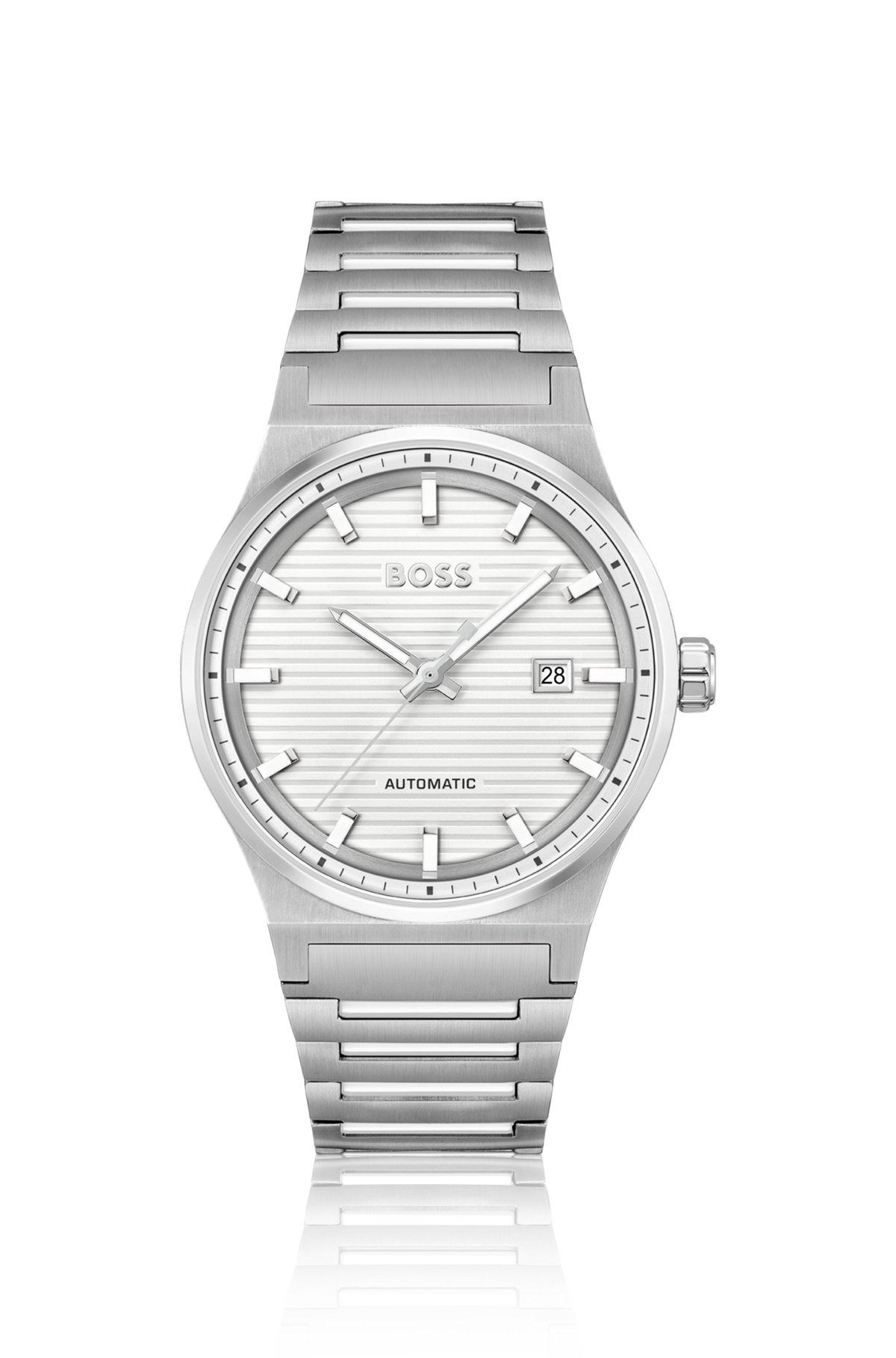 SILVER-TONE AUTOMATIC WATCH WITH WHITE GROOVED DIAL - 1