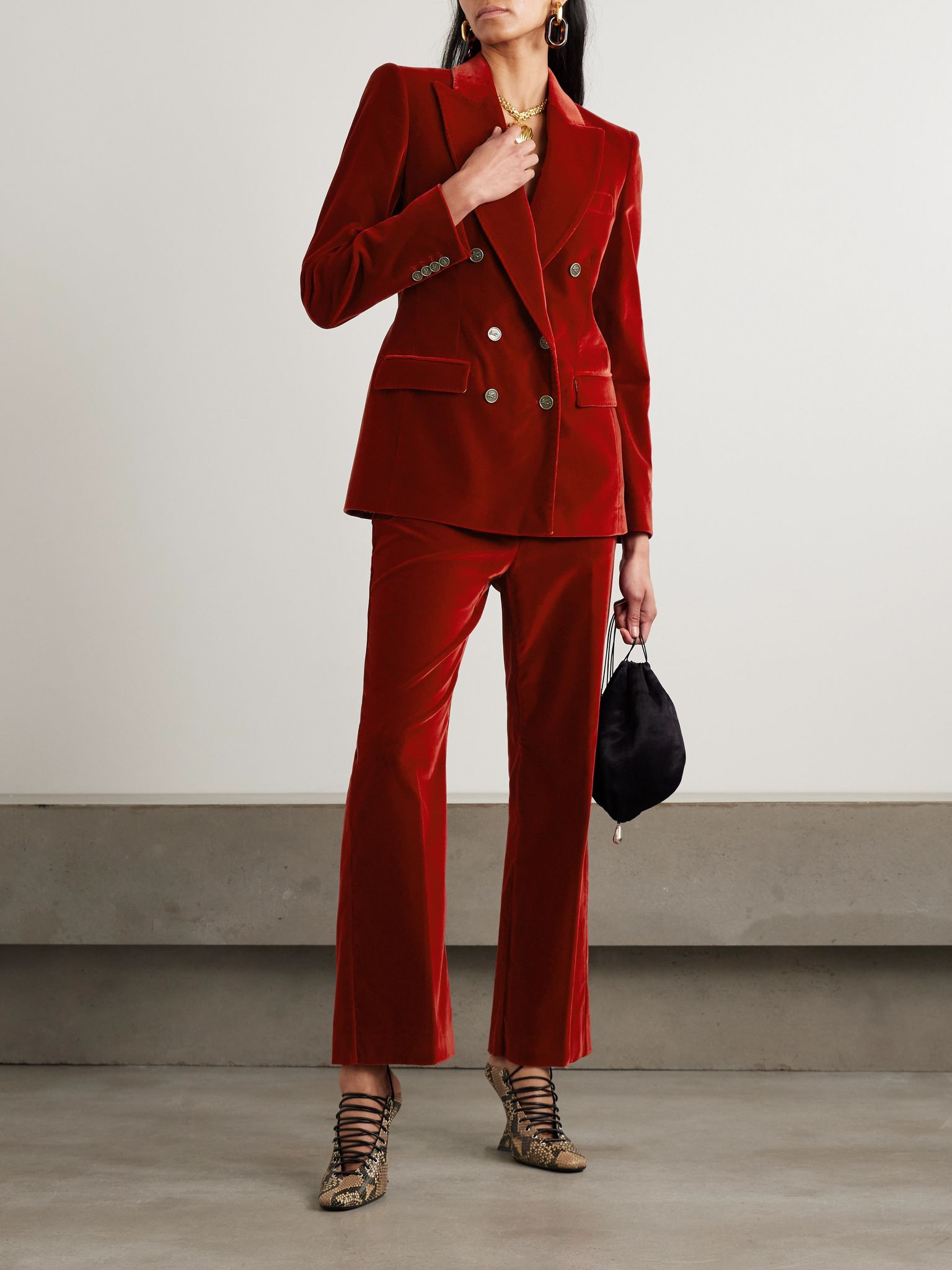 Double-breasted cotton-blend velvet blazer Burgundy - 2