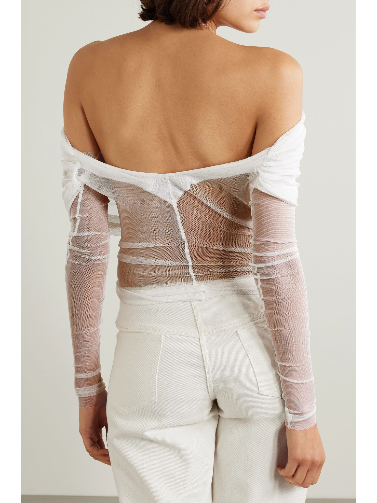 Off-the-shoulder gathered silk-tulle top White - 3