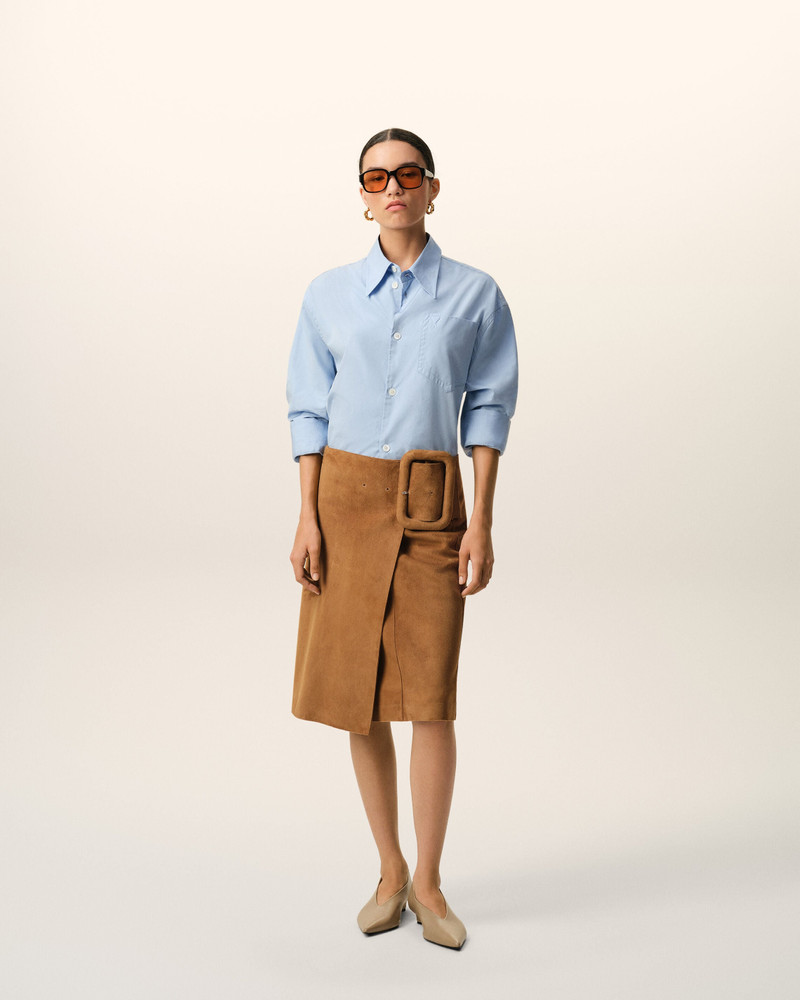 AMI Paris BROWN GOAT LEATHER BIG BUCKLE BELTED MIDI SKIRT outlook