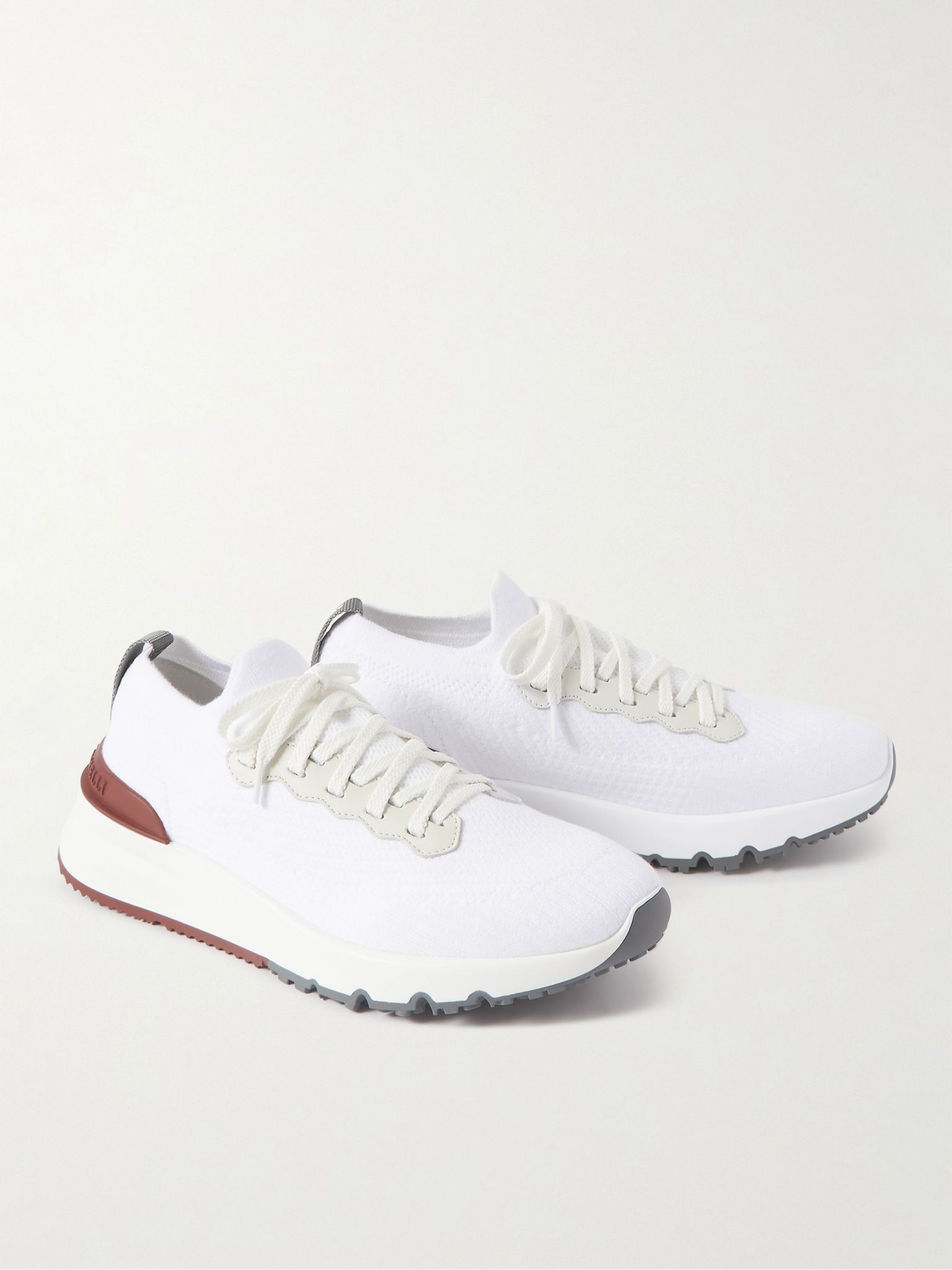 Leather-Trimmed Stretch-Knit Sneakers White - 3