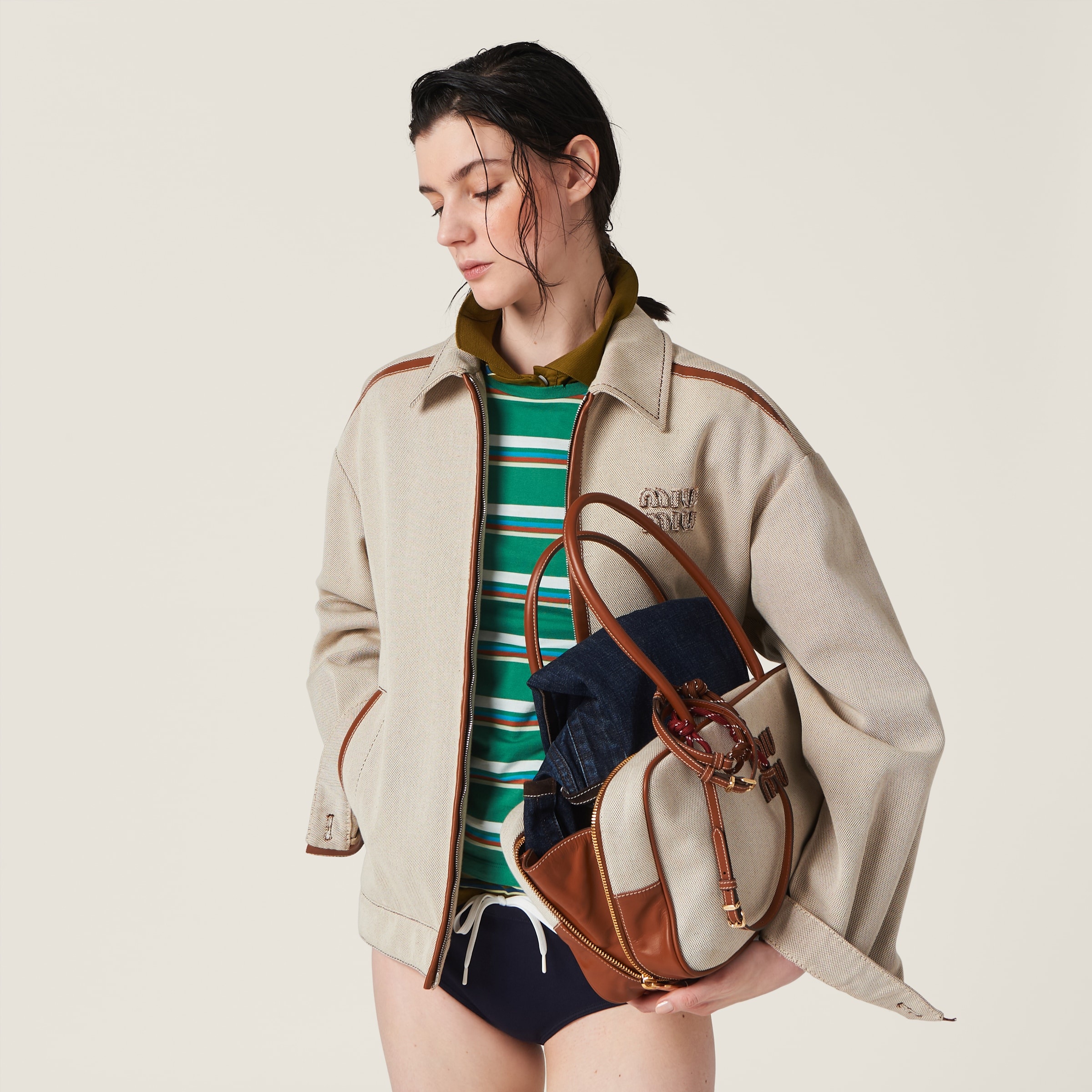 ジャケット MiuMiu | RUNWAY Jacquard canvas blouson jacket ML1042 Miu Miu Jacquard Canvas Blouson Jacket | Neutrals | FARFETCH