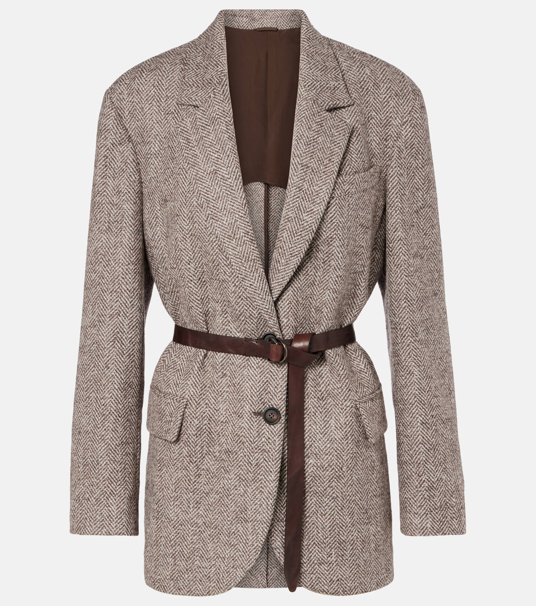 Belted herringbone wool-blend blazer - 1