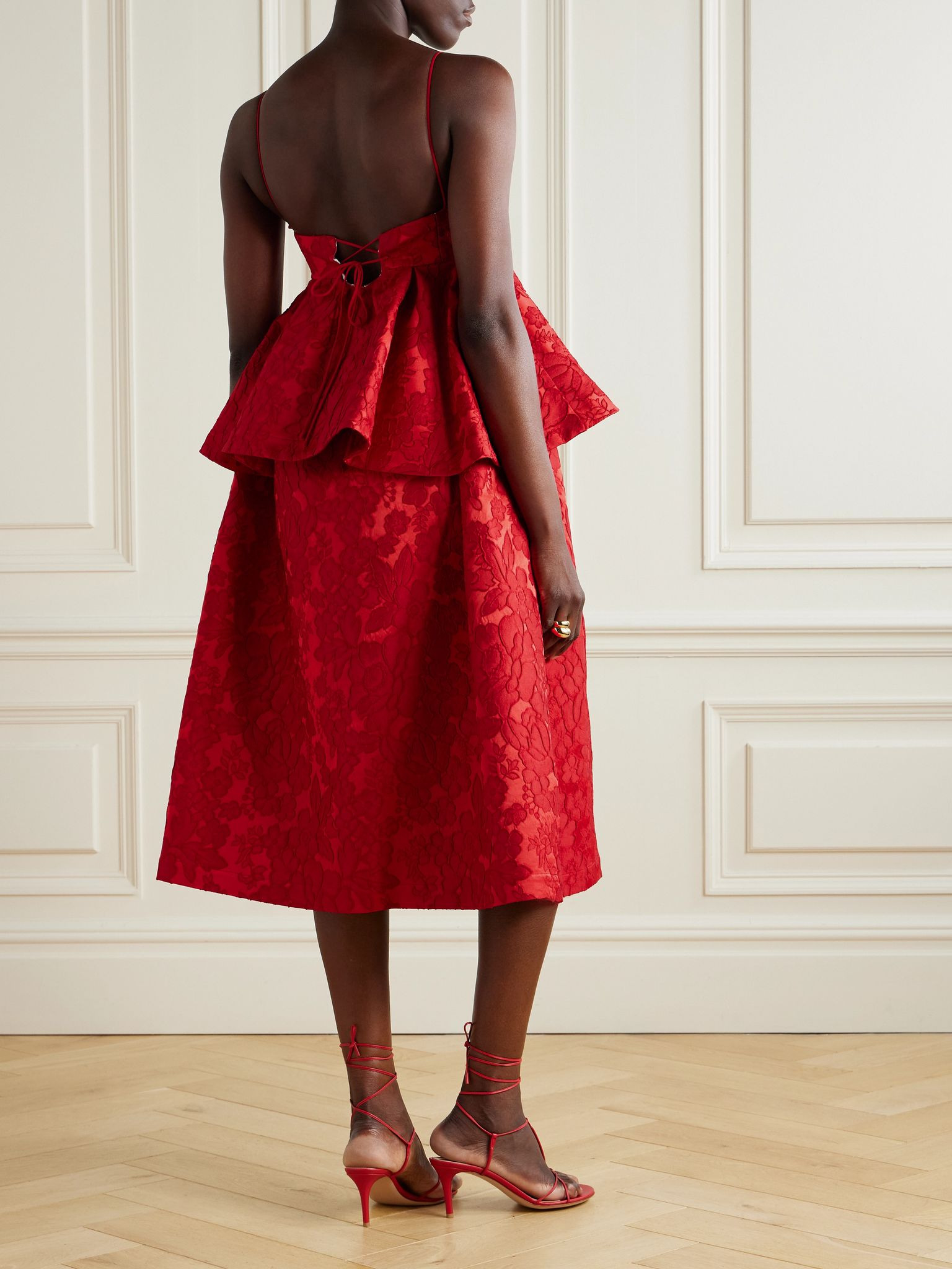 Satine floral-jacquard matelassé peplum midi dress Red - 3