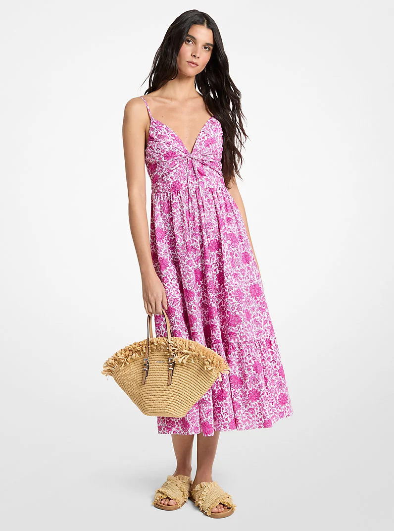 Floral Print Cotton Poplin Midi Dress - 1