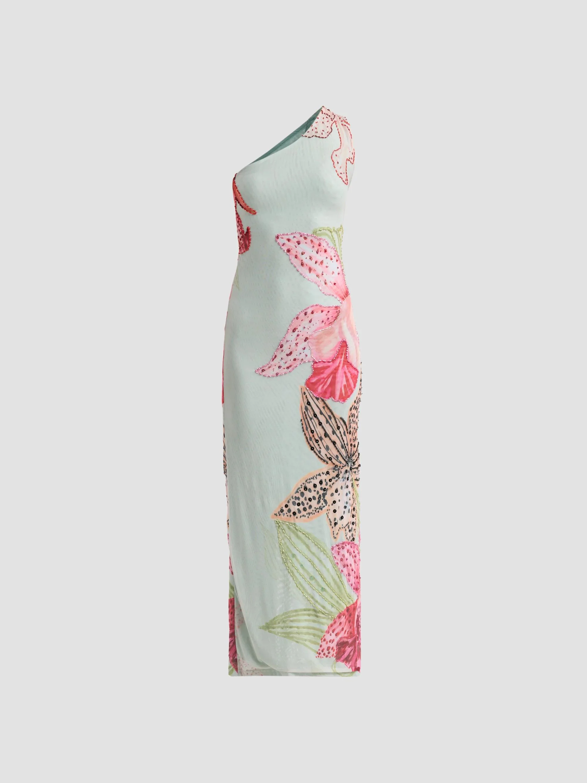 Women's Orchid Bloom One-Shoulder Beaded Tulle Maxi Dress - Green - 1