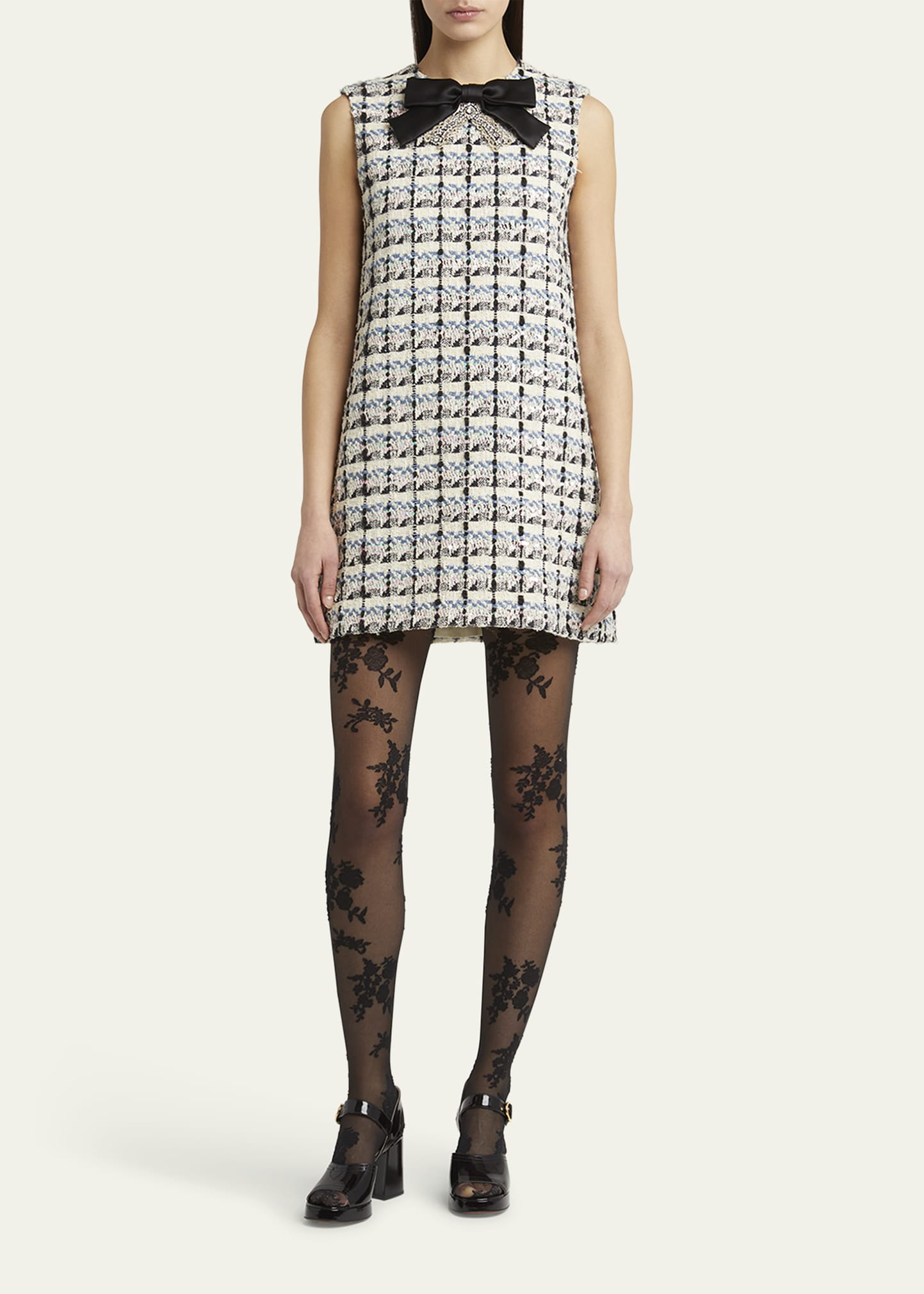Bow-Embellished Sequin Tweed Mini Dress - 2