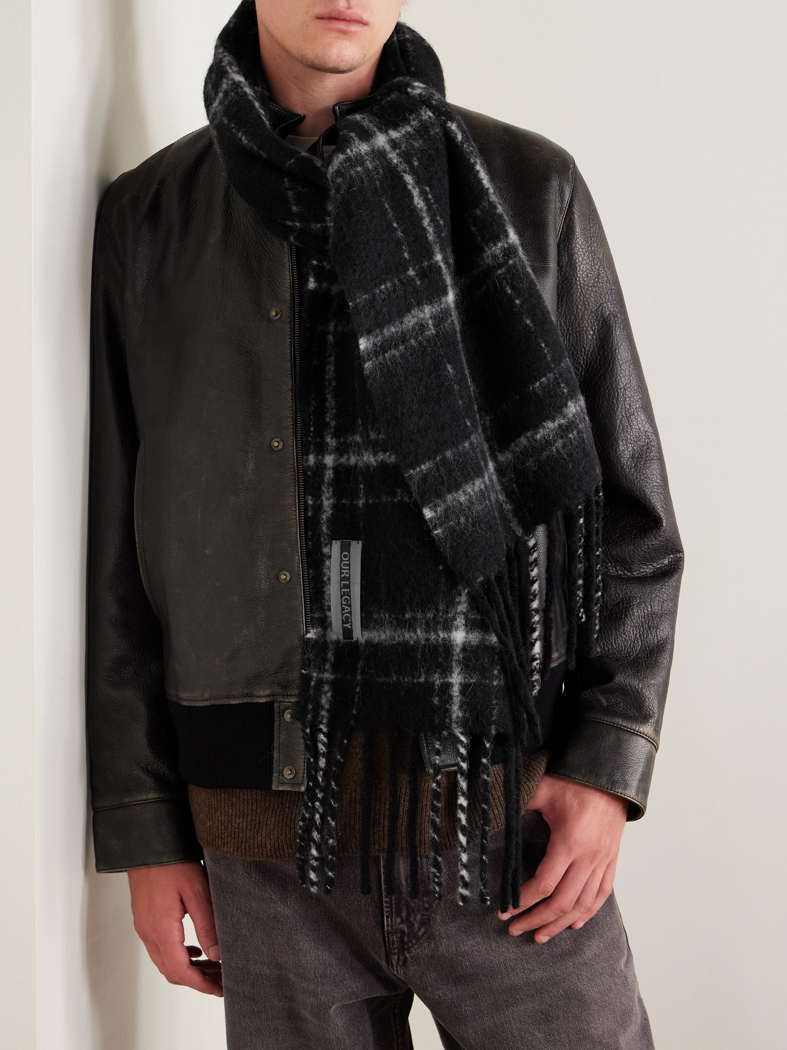 Estate Fringed Checked Alpaca-Blend Scarf Black - 2