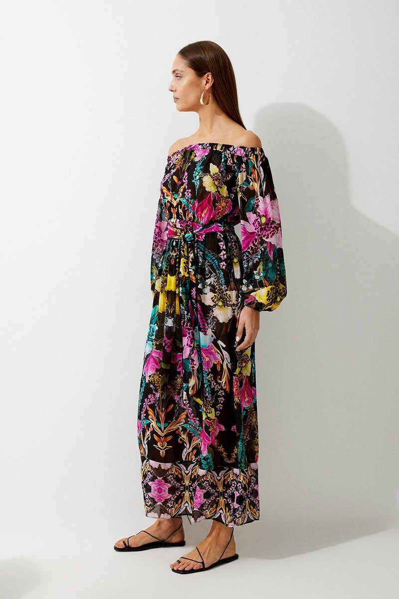 Mirrored Tropical Viscose Georgette Bardot Beach Maxi Dress 3